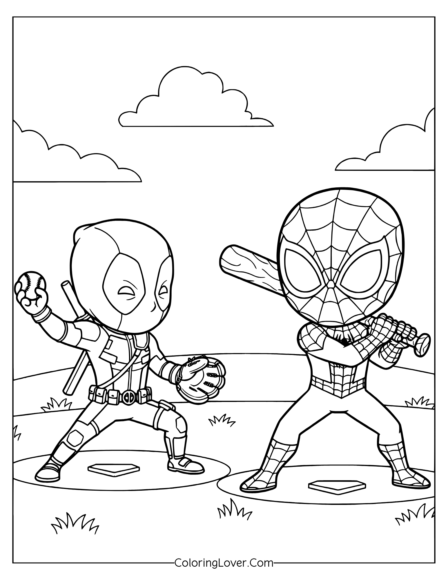 Cute Spider-Man coloring page featuring Spidey at bat while Deadpool is the catcher.