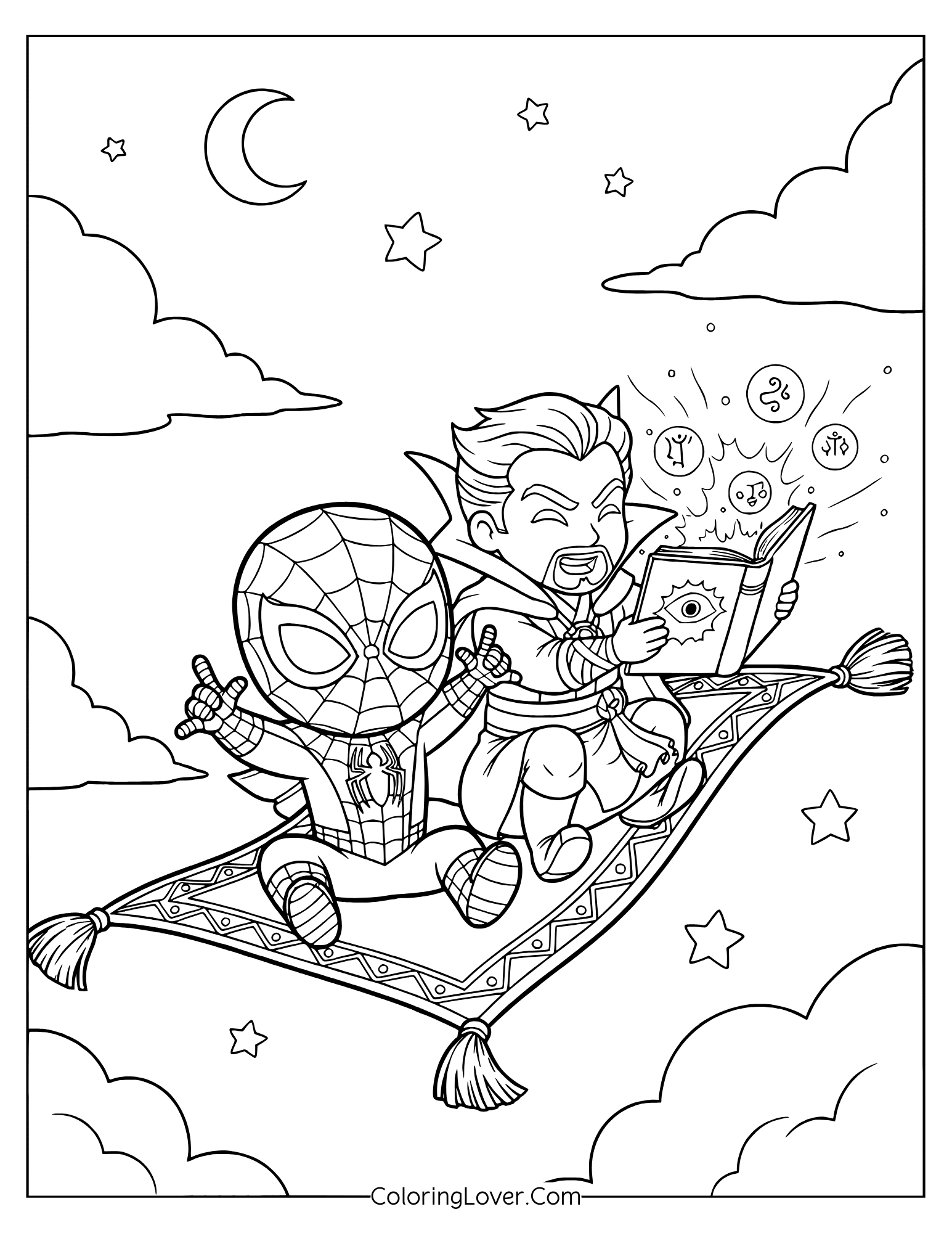 Cute Spider-Man coloring page of Spiderman and Doctor Strange soaring high as magic sparkles in the night sky.