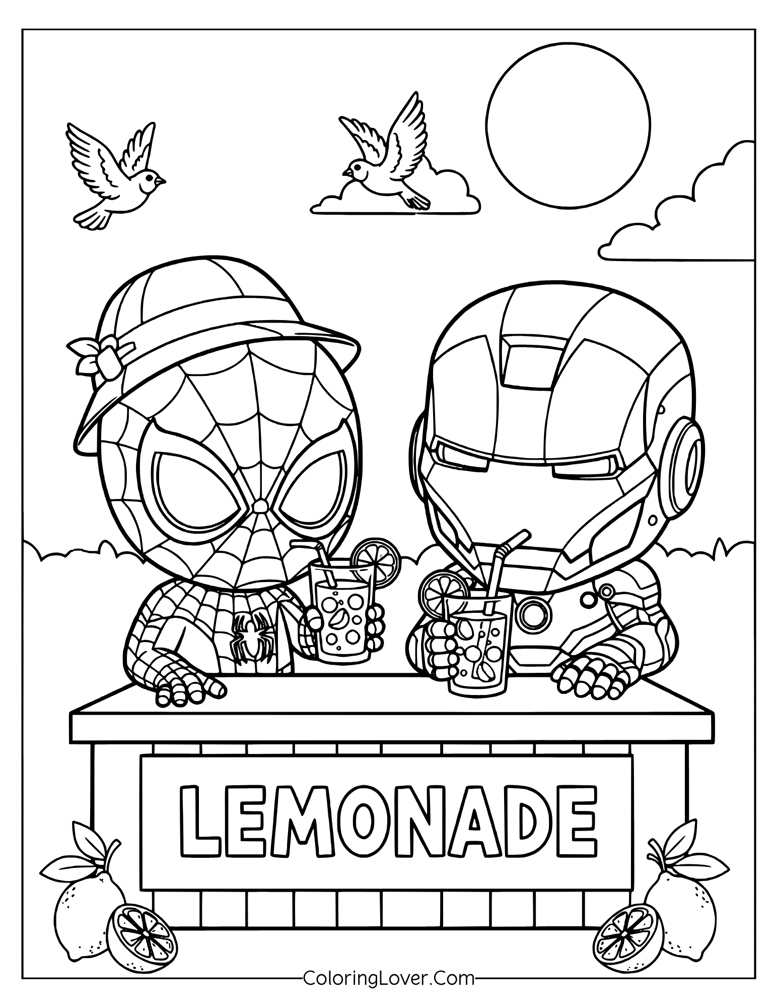 Cute Spider-Man coloring page showing Spidey enjoying a sunny day lemonade with Iron Man.