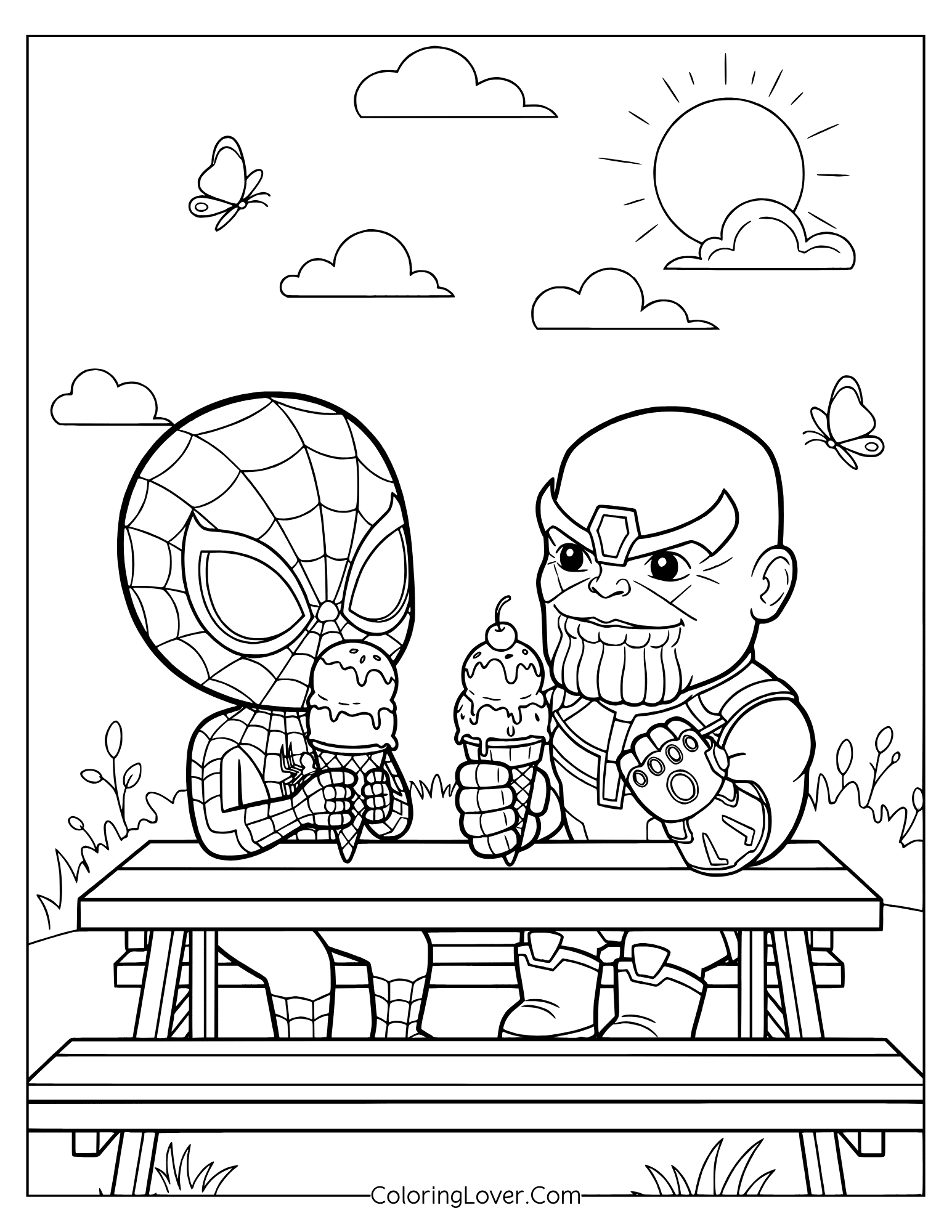 Cute Spider-Man coloring page of friendly ice cream moment with Thanos and Spidey.