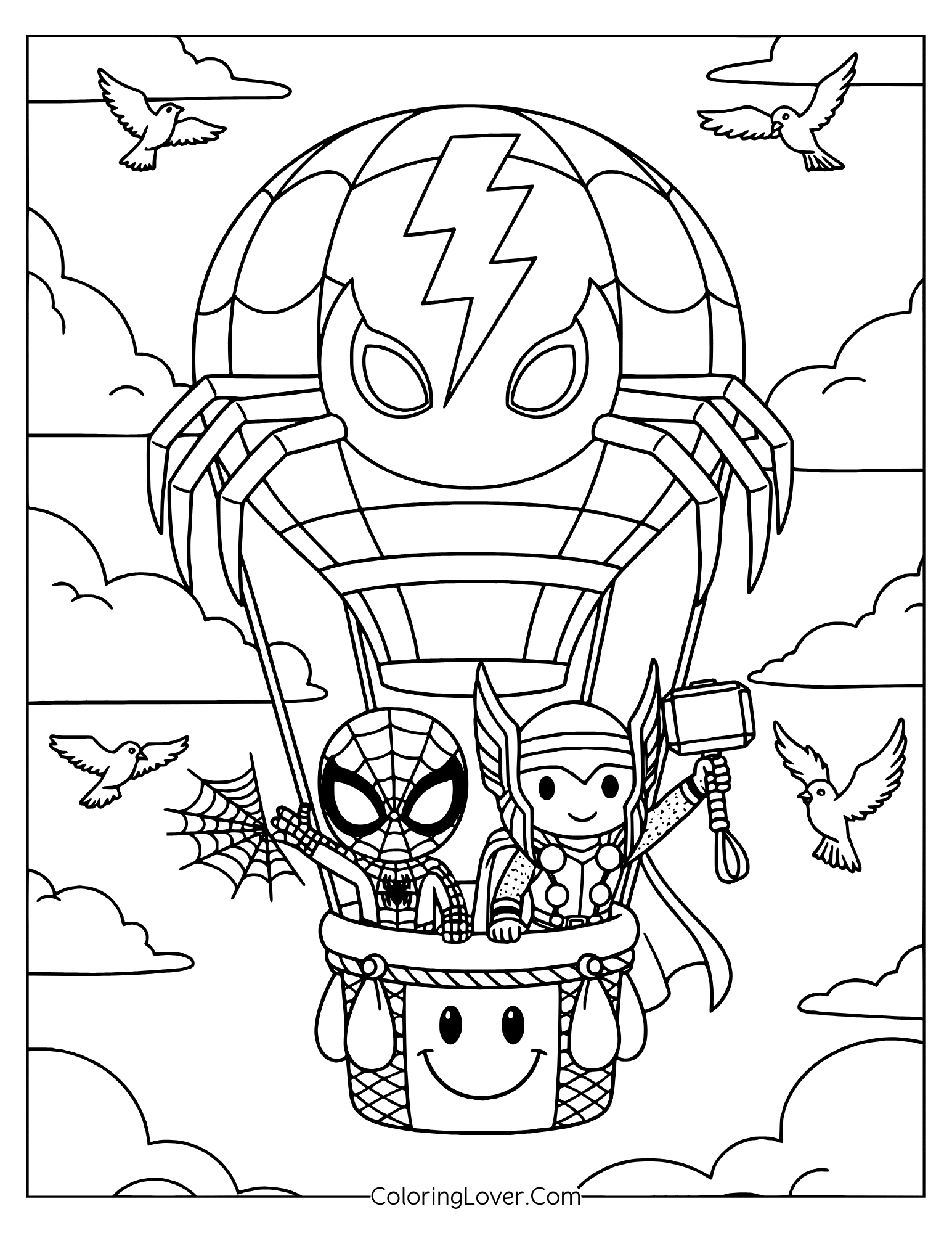 Cute Spider-Man coloring page of Spiderman and Thor waving from a floating balloon in the sky.