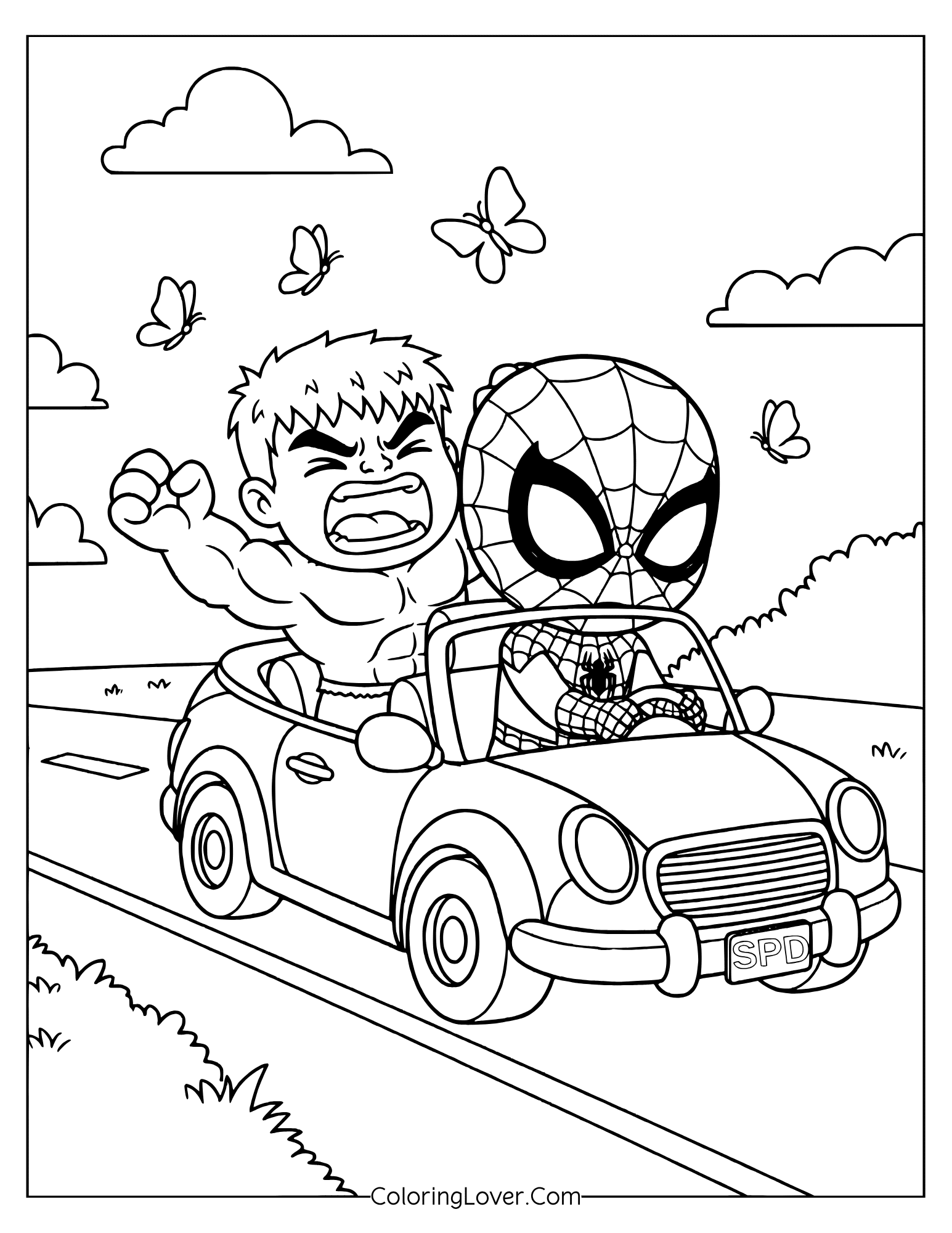 Cute Spider-Man coloring page featuring Spiderman driving with excited Hulk beside him.