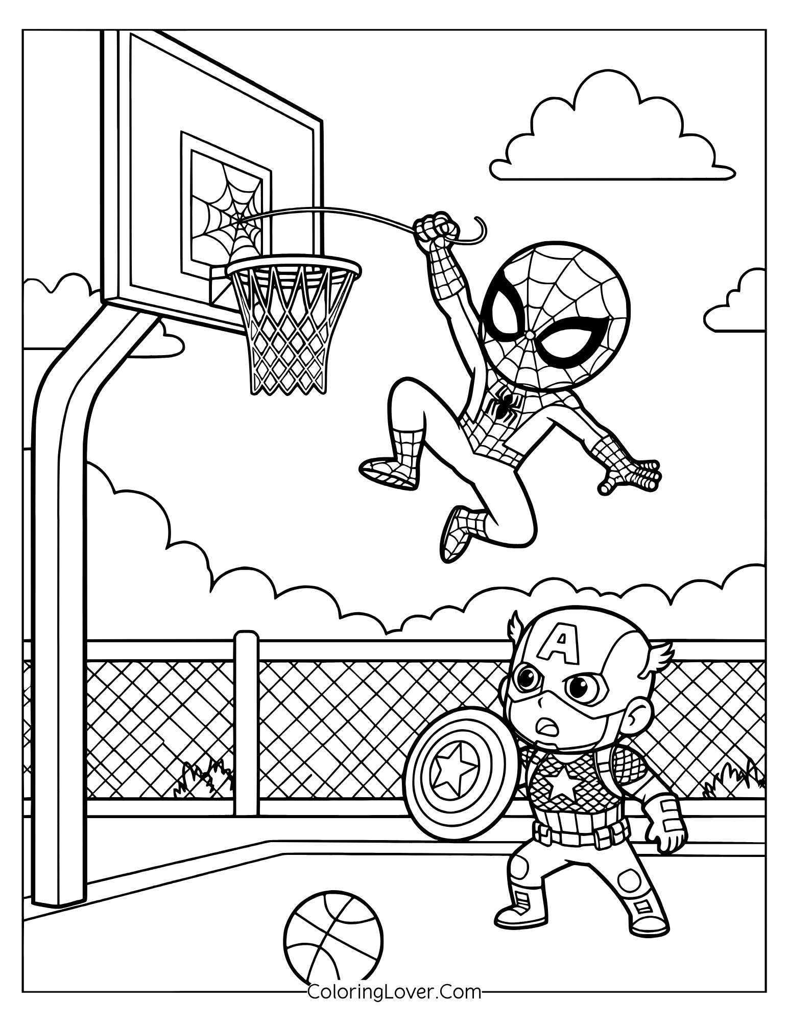 Cute Spider-Man coloring page featuring Spidey slam-dunking while Cap watches from below.