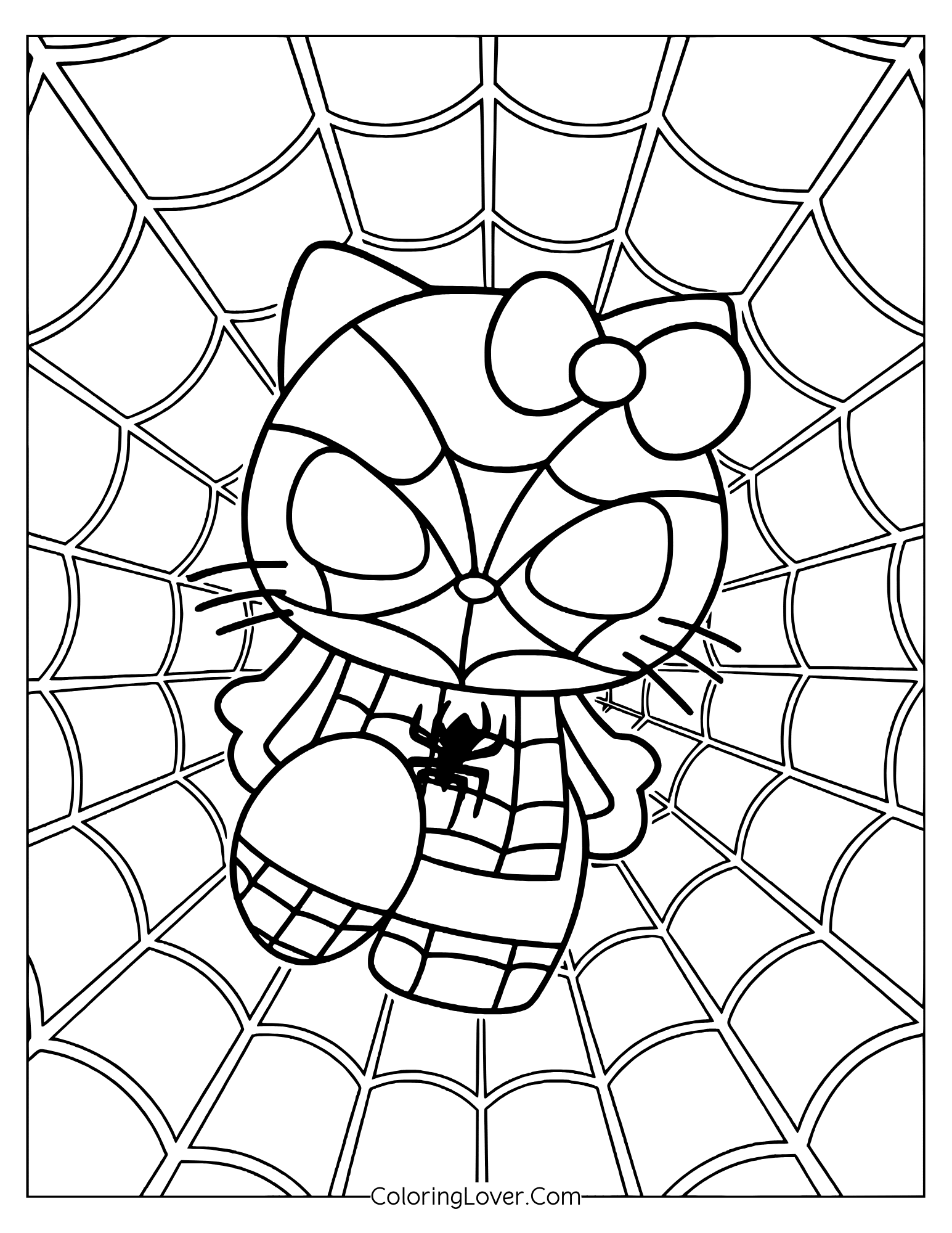 Hello Kitty dressed as kawaii Spider-Man with spider webs.
