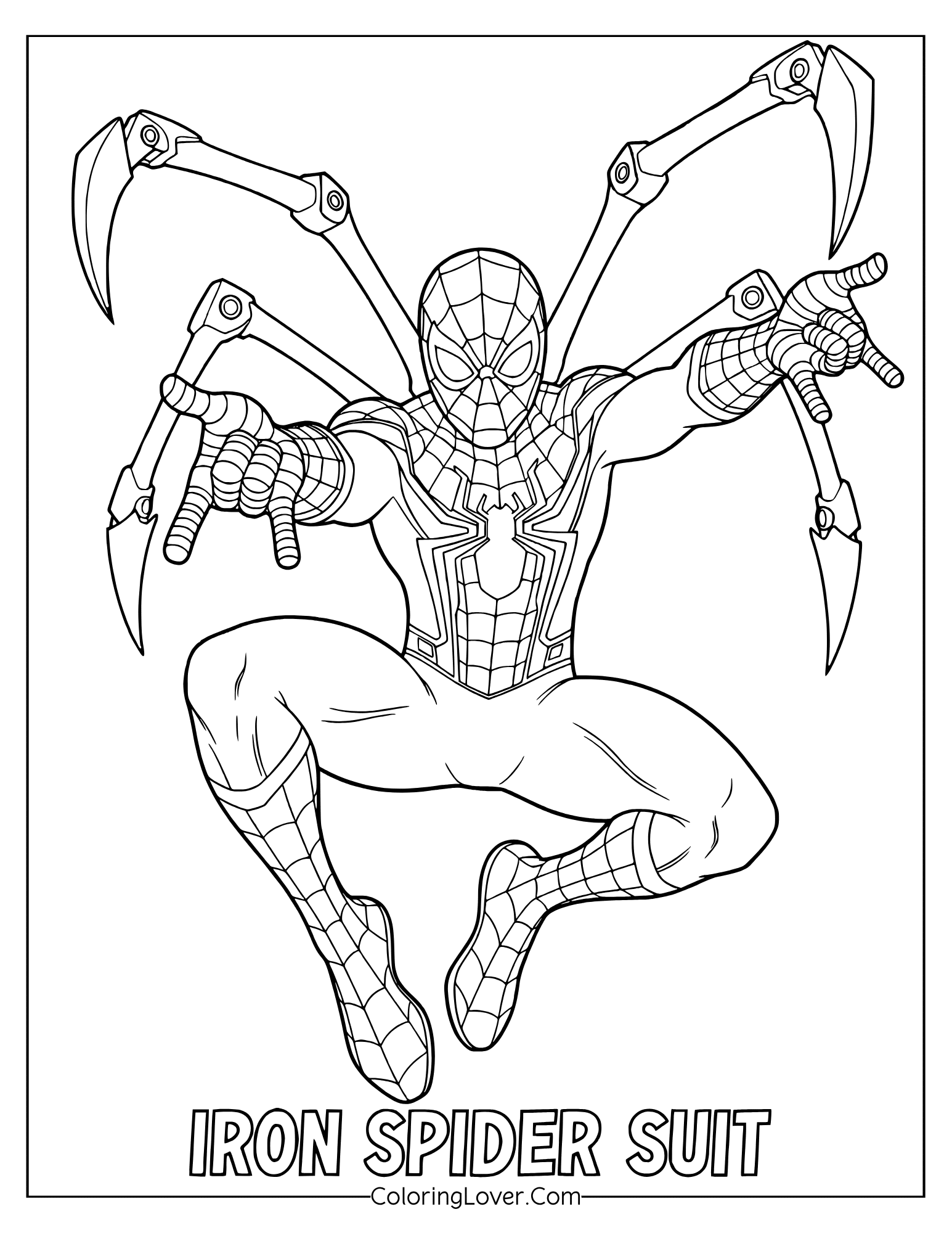 Spider-Man coloring page of Iron Spider suit activated in an action pose.