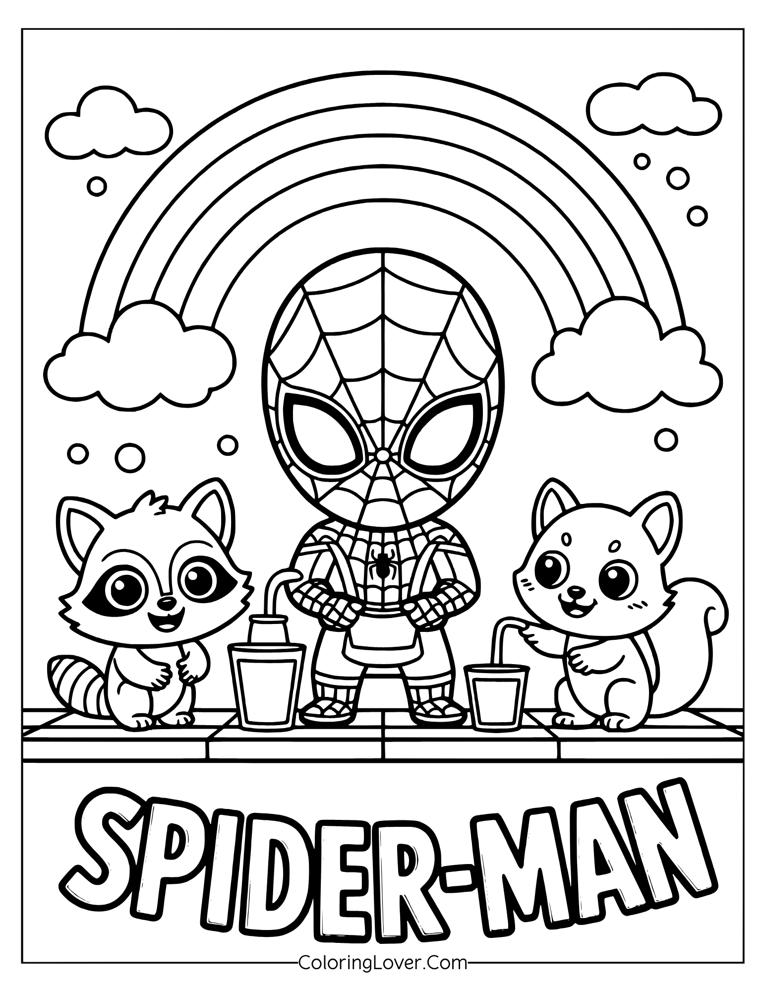 Spider-Man coloring page featuring kawaii Spider-Man having lemonade with raccoon and squirrel.