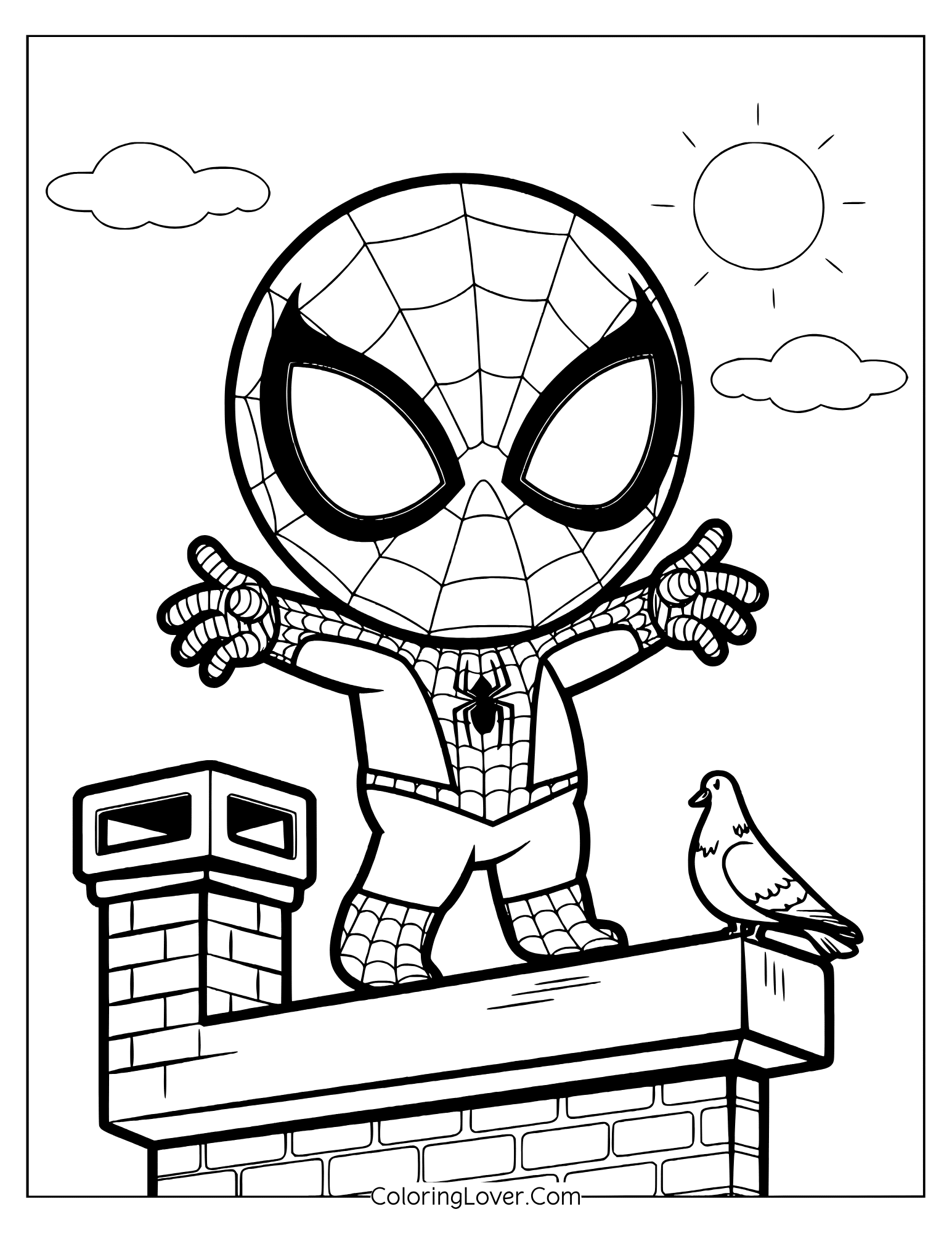 Coloring page showing kawaii Spider-Man welcoming the sunshine with a pigeon friend.
