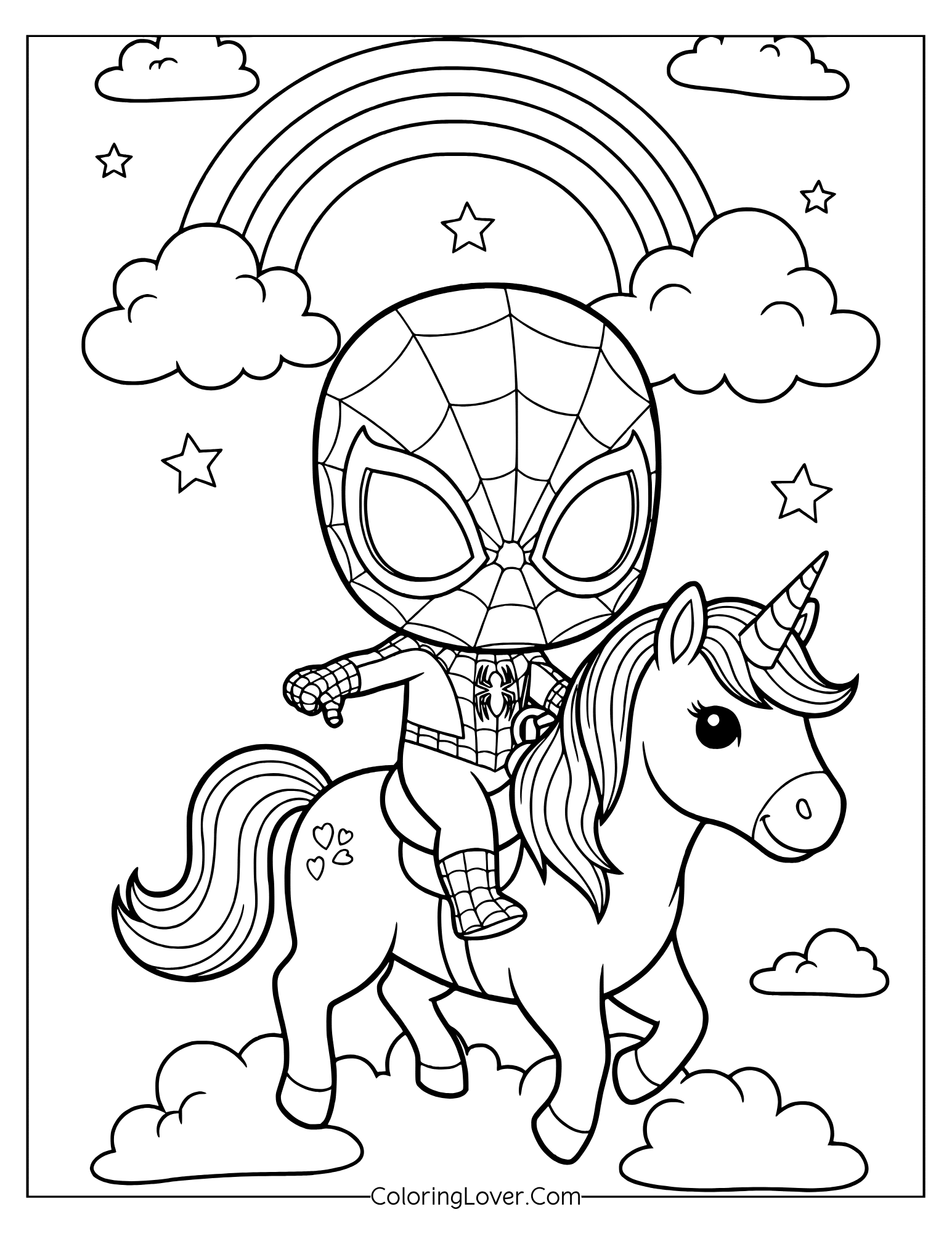 Spider-Man coloring page showing kawaii-style Spider-Man on a unicorn with clouds and sparkles.
