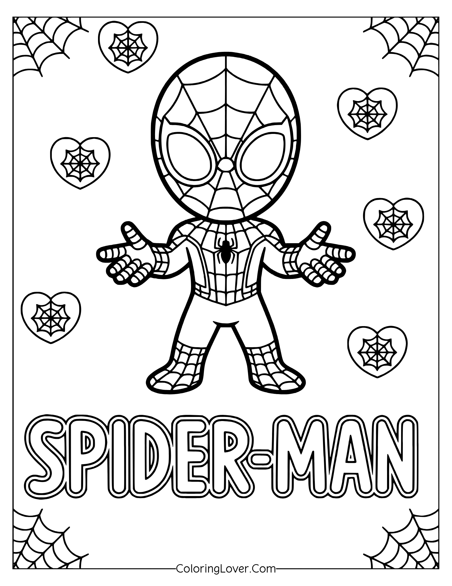 Coloring page of kawaii-style Spider-Man in a cheerful heart-filled web frame.