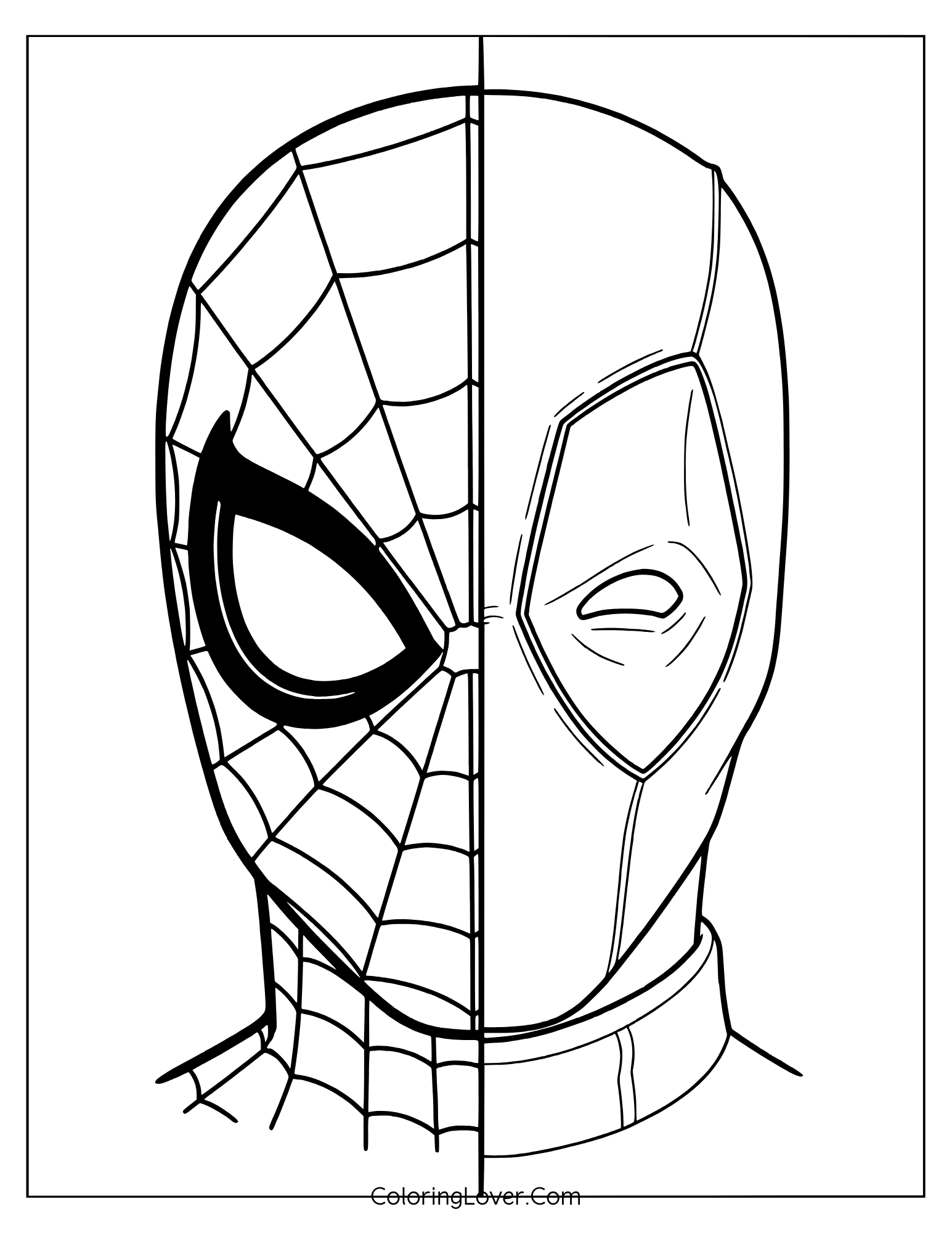 Coloring page showing a split-face between Spider-Man and Deadpool.