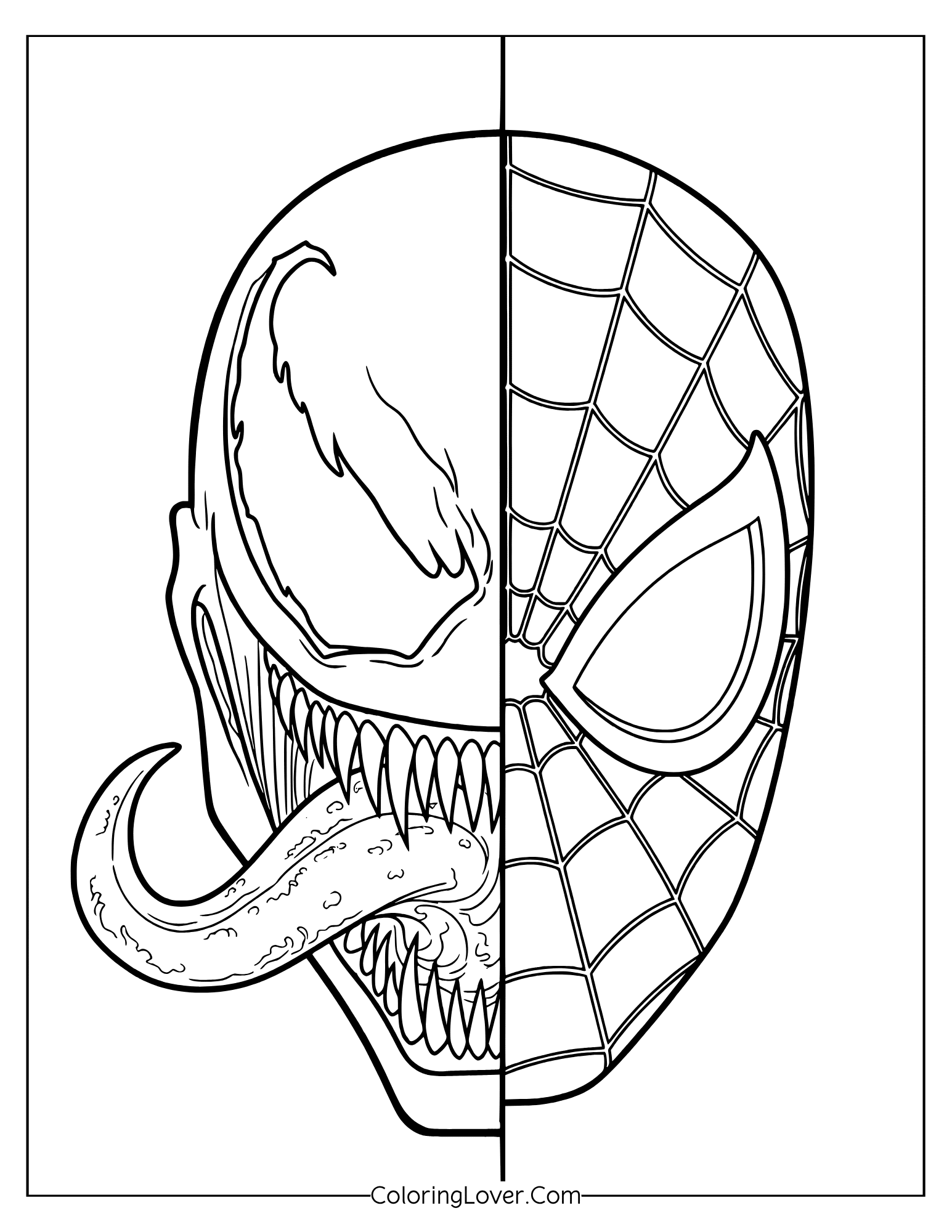 Spider-Man coloring page featuring half Spider-Man and half Venom face fusion.