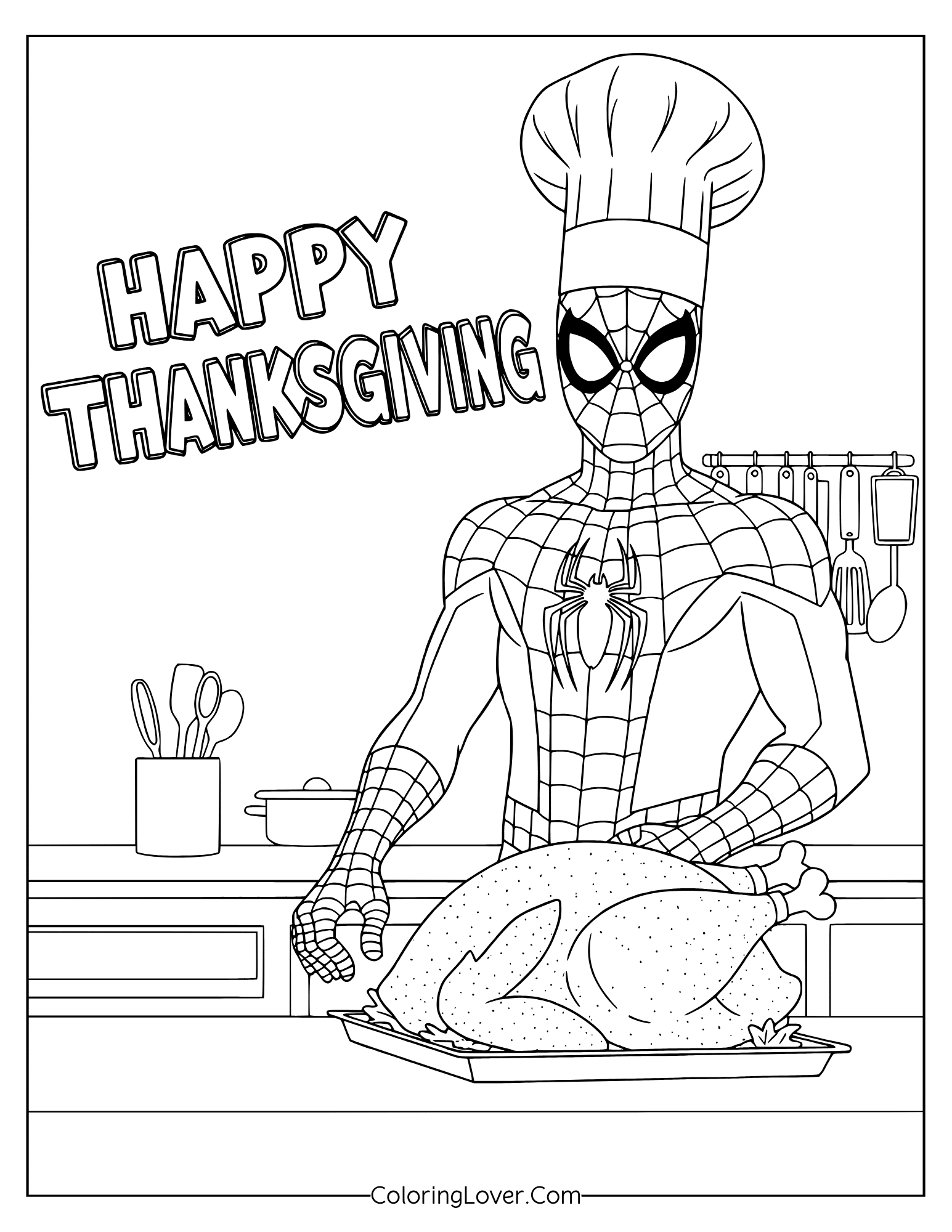 Coloring page of Spider-Man cooking turkey for Thanksgiving.