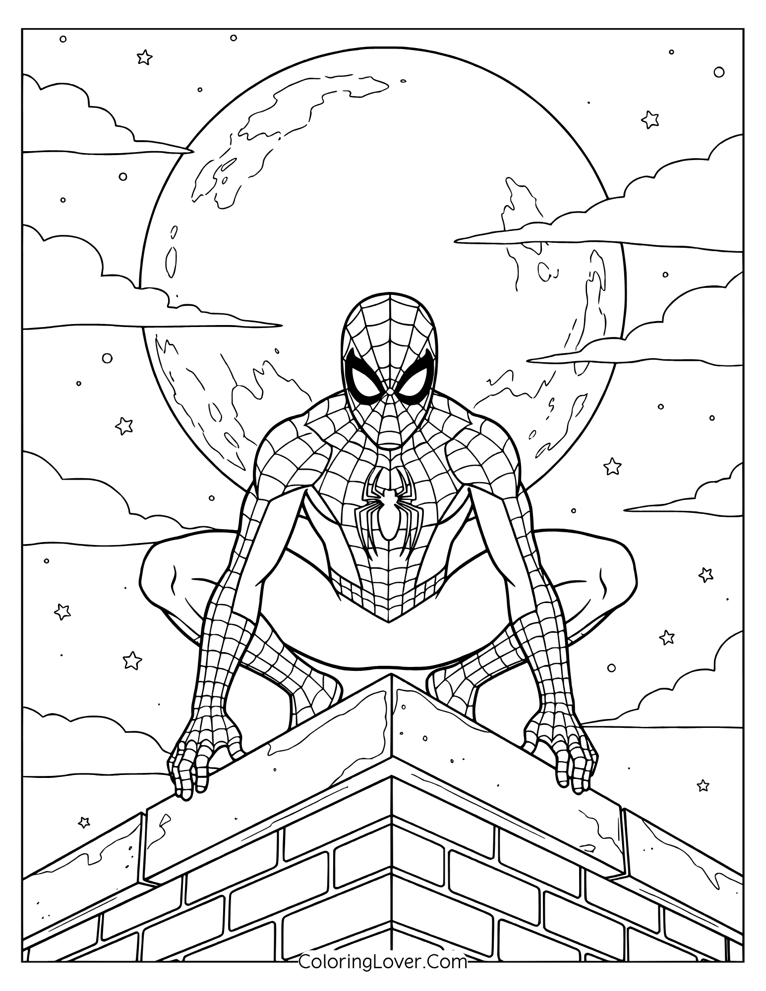 Spider-Man coloring page of heroic rooftop pose with moon and clouds behind.