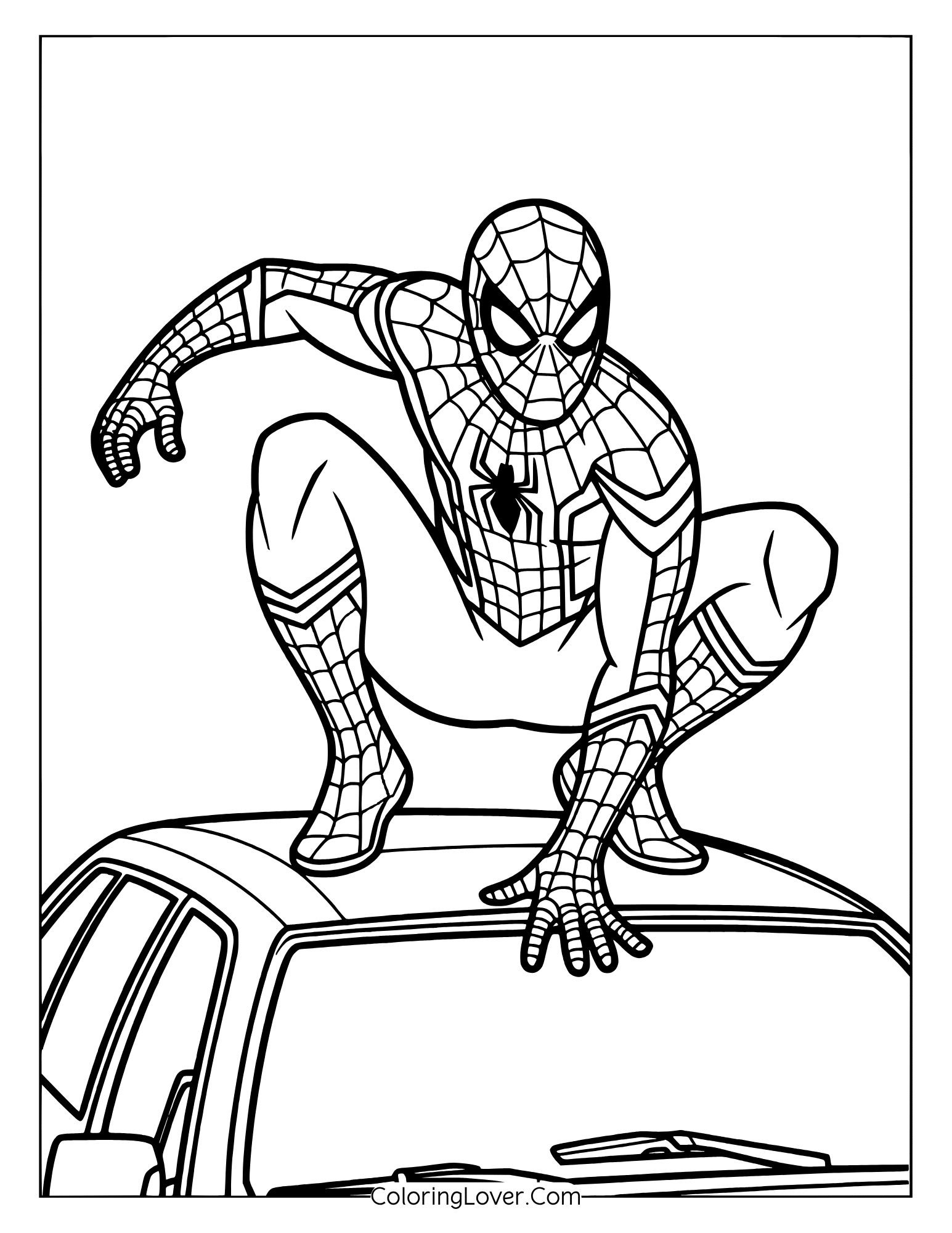 Spider-Man coloring page of Spider-Man alert and ready while perched on a car.