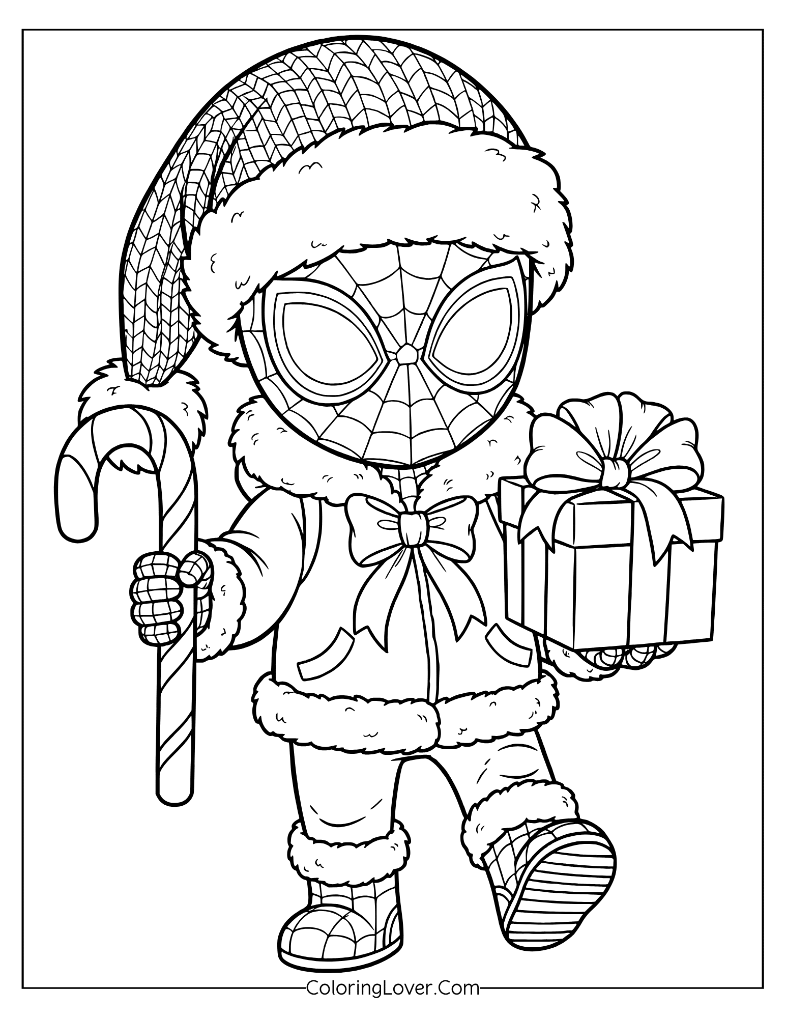 Spider-Man coloring page showing Christmas cheer with candy cane and holiday presents.