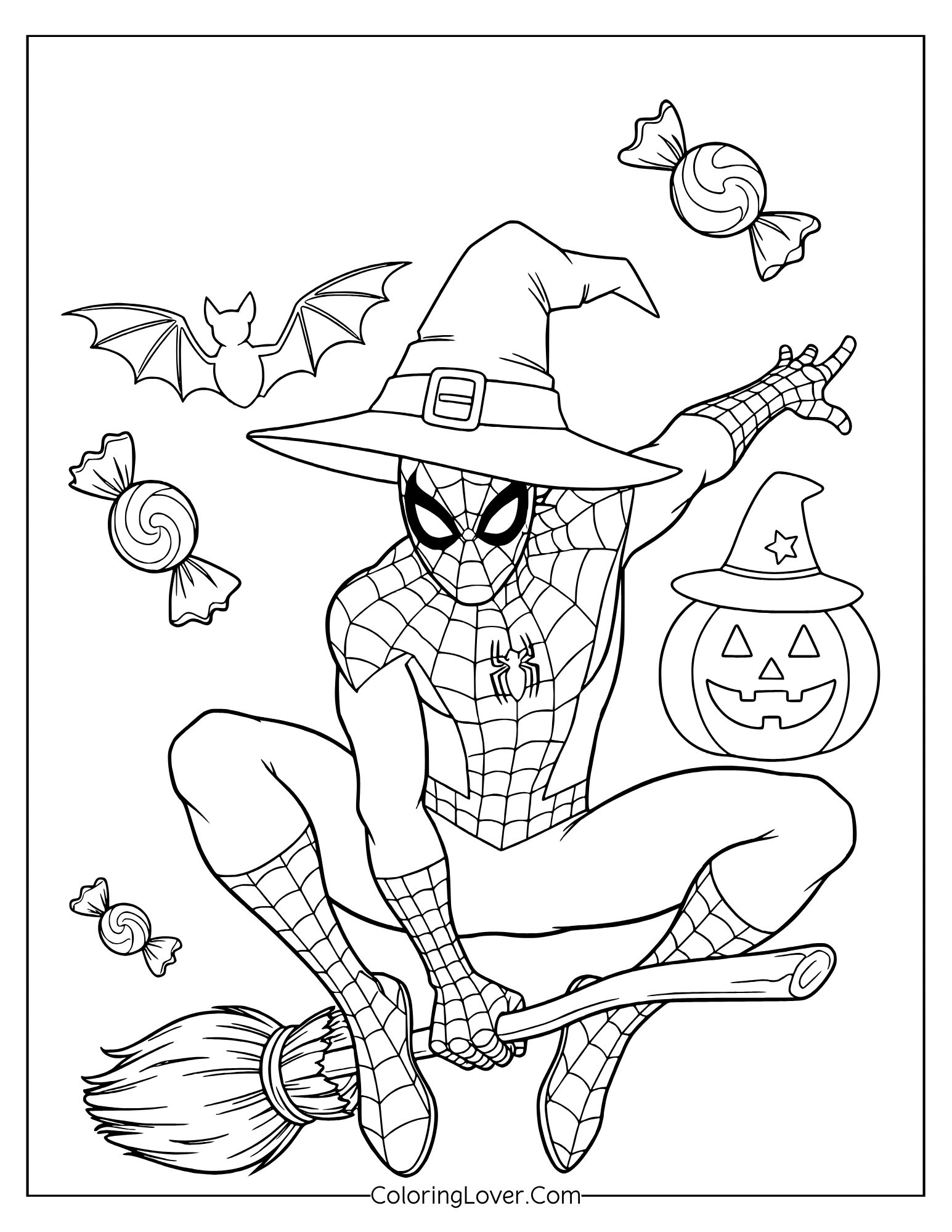 Spider-Man coloring page of festive Halloween ride under bats and stars.