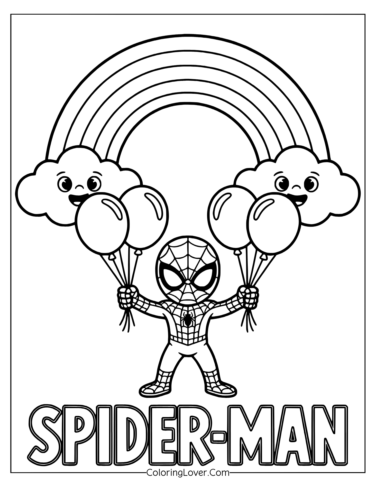Easy coloring page featuring joyful Spider-Man holding balloons under a rainbow.