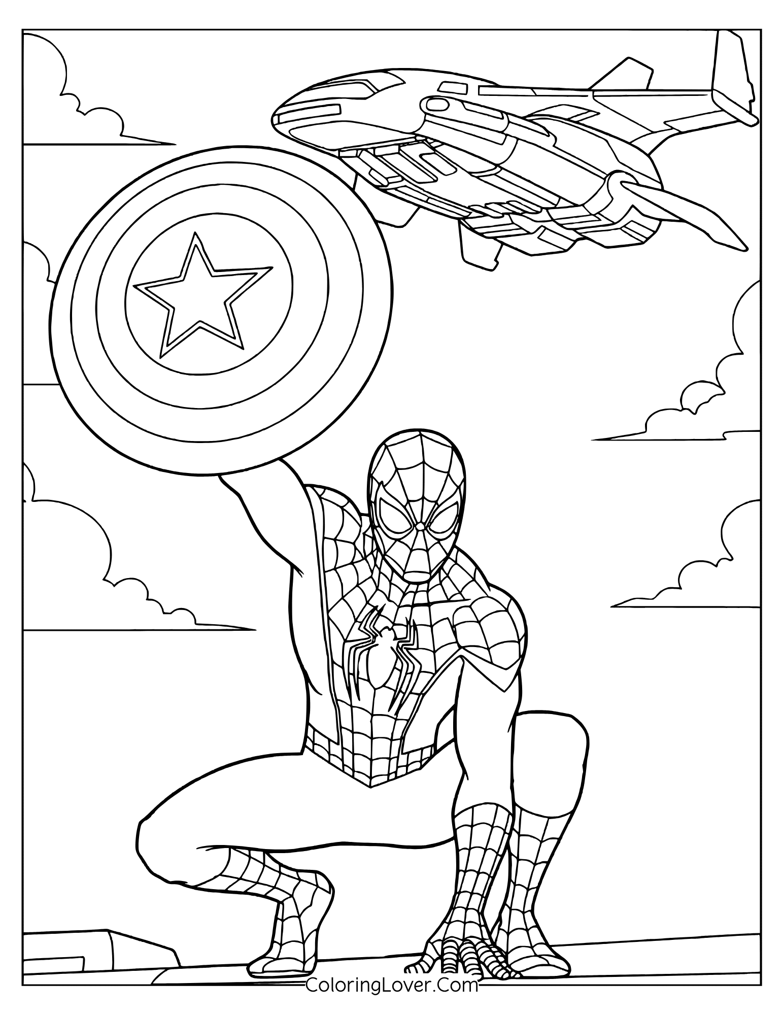 Spider-Man coloring page of Spider-Man honoring Captain America with shield and S.H.I.E.L.D. ship above.