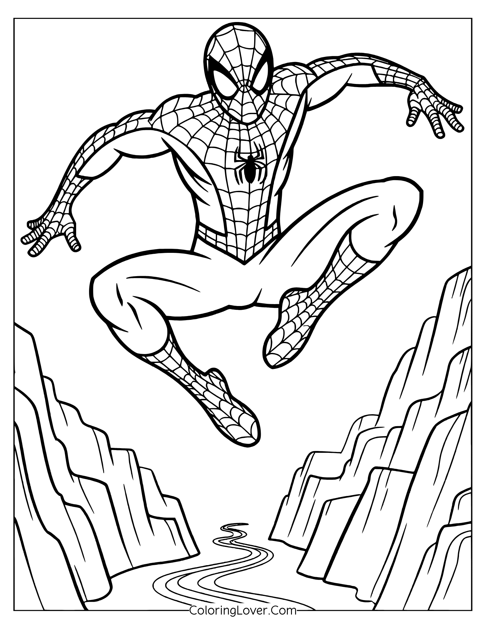 Spider-Man coloring page featuring Spider-Man leaping mid-air over canyon-like cliffs.