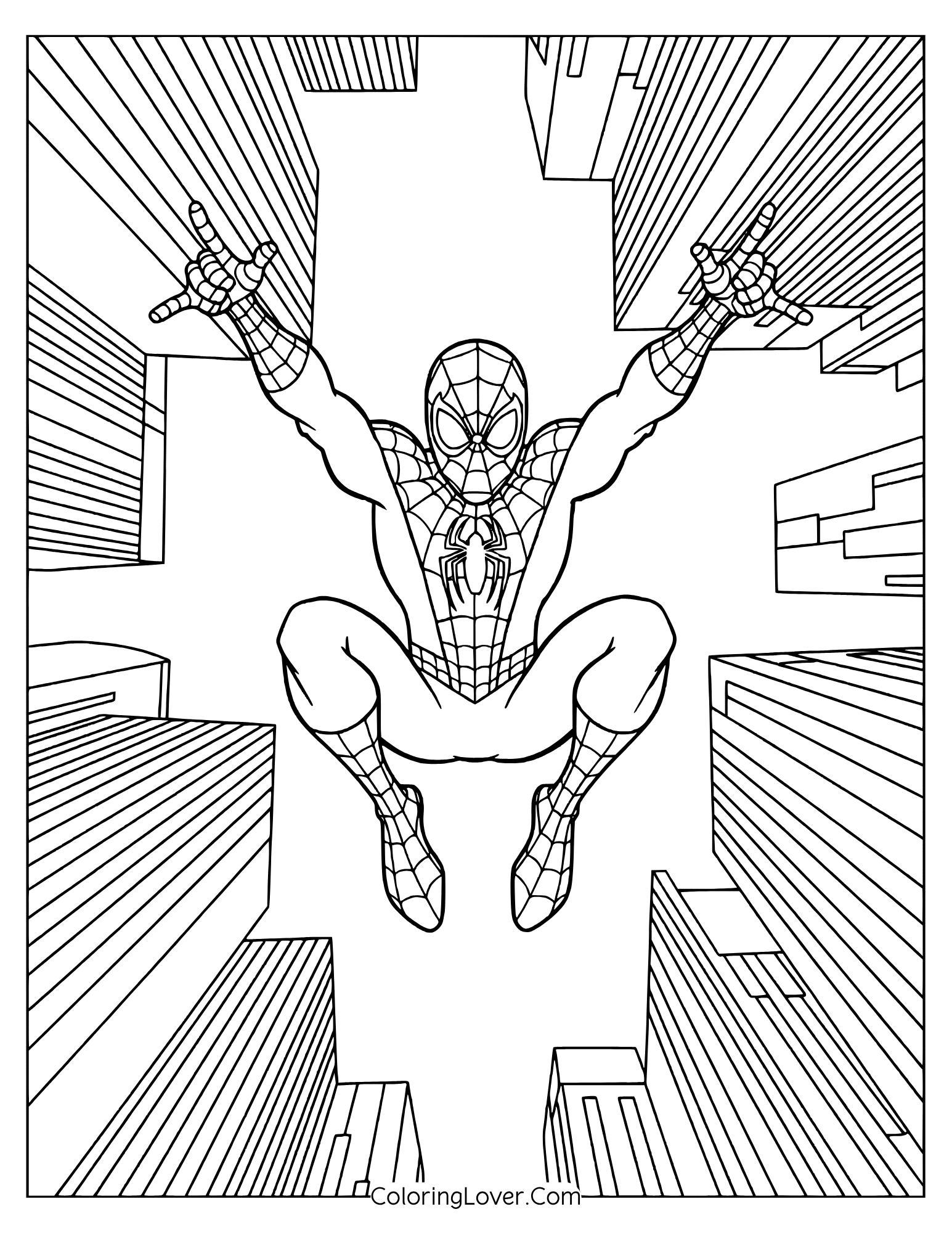 Spider-Man coloring page showing Spider-Man in mid-air above tall urban buildings.
