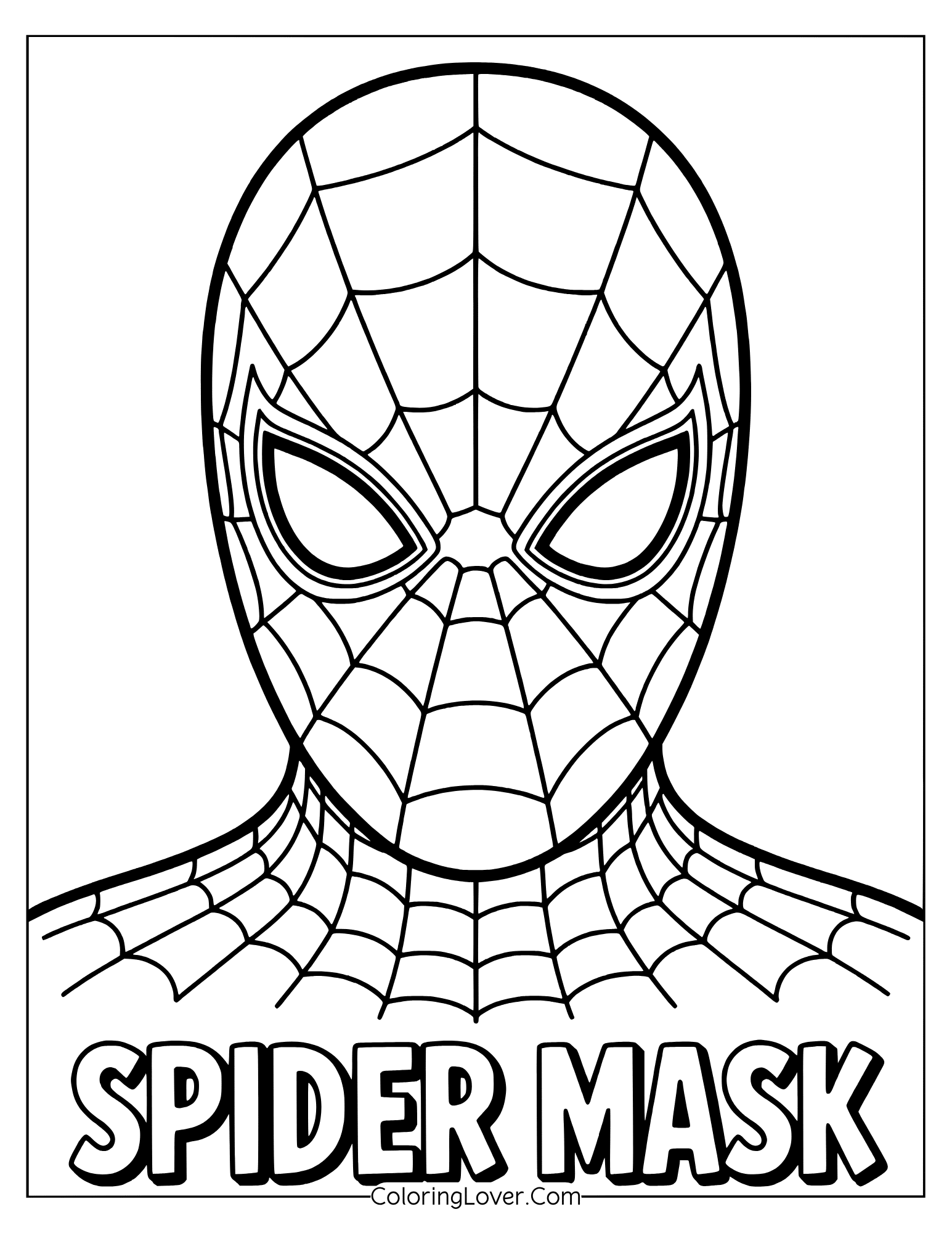 Simple coloring page showing a close-up of Spider-Man’s classic mask design.