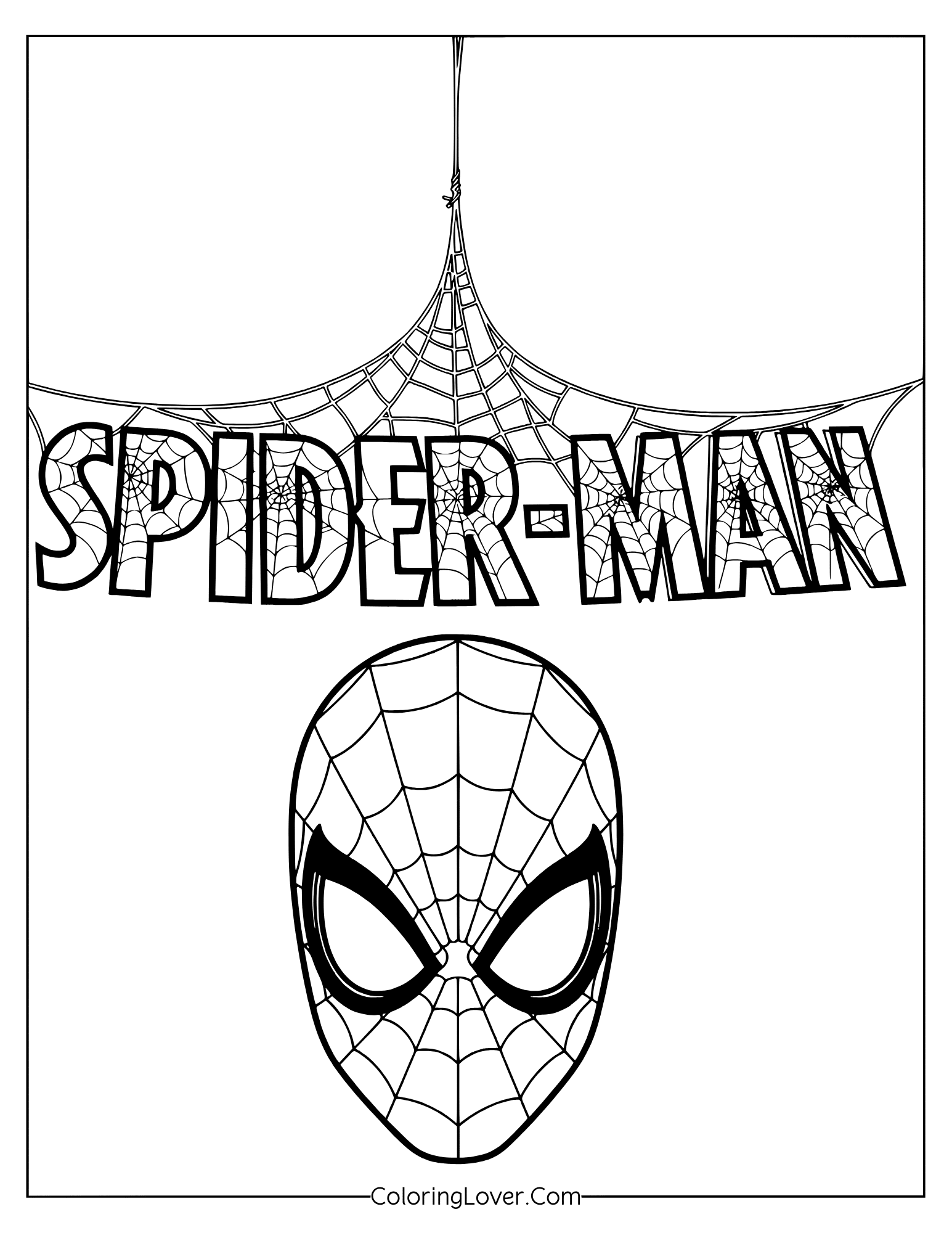 Easy coloring page of hanging Spider-Man mask suspended from web string.