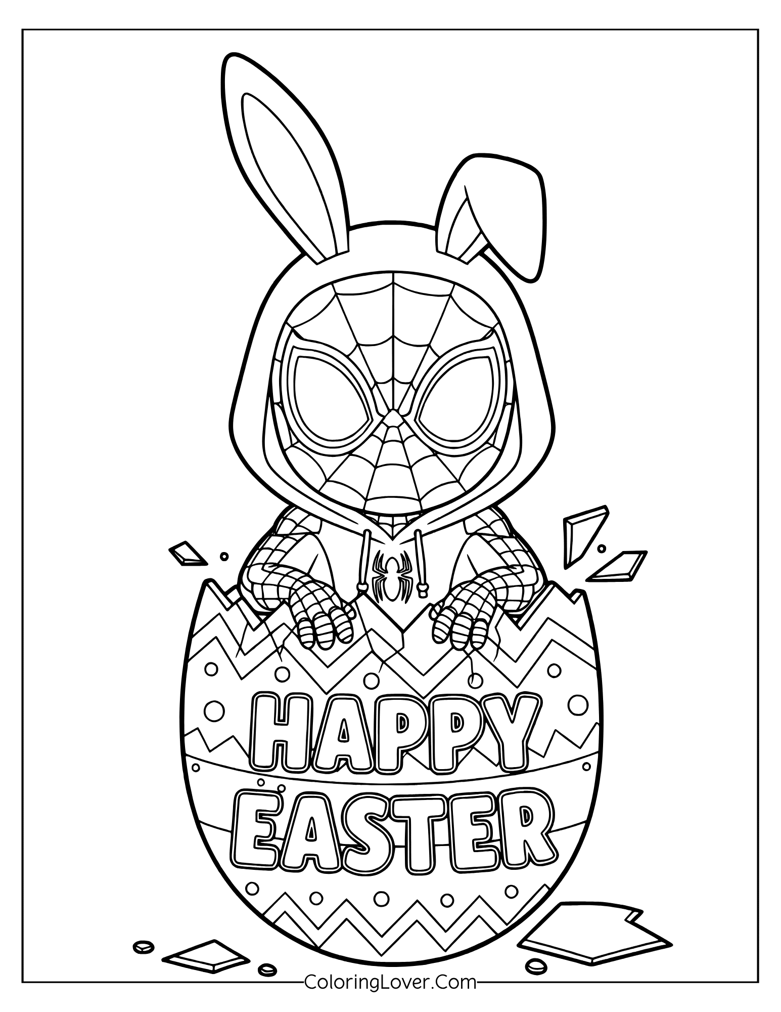Coloring page of Spider-Man celebrating Easter with bunny ears.