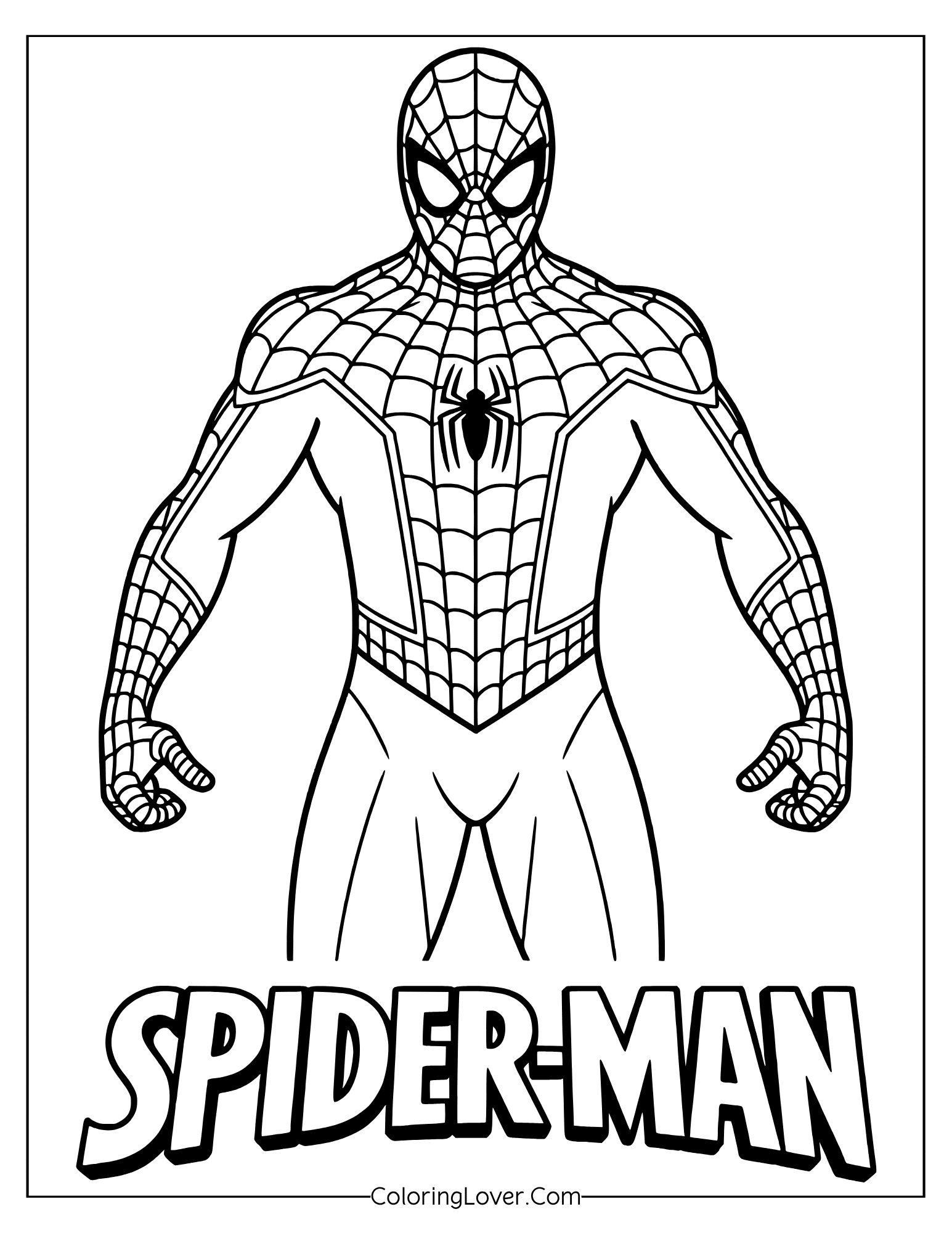 Easy coloring page of Spider-Man standing tall with a bold, heroic stance.