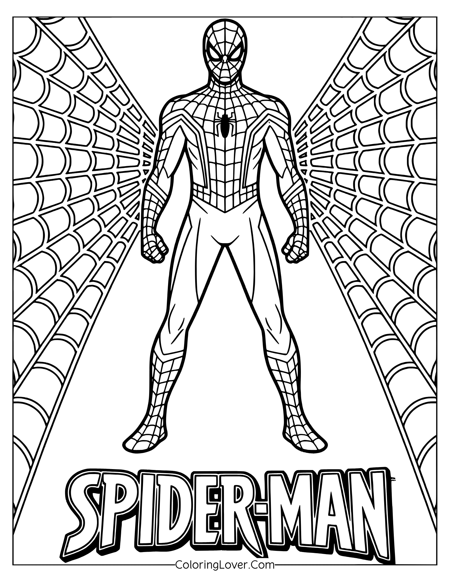 Spider-Man coloring page featuring Spider-Man standing confidently between extended web walls.