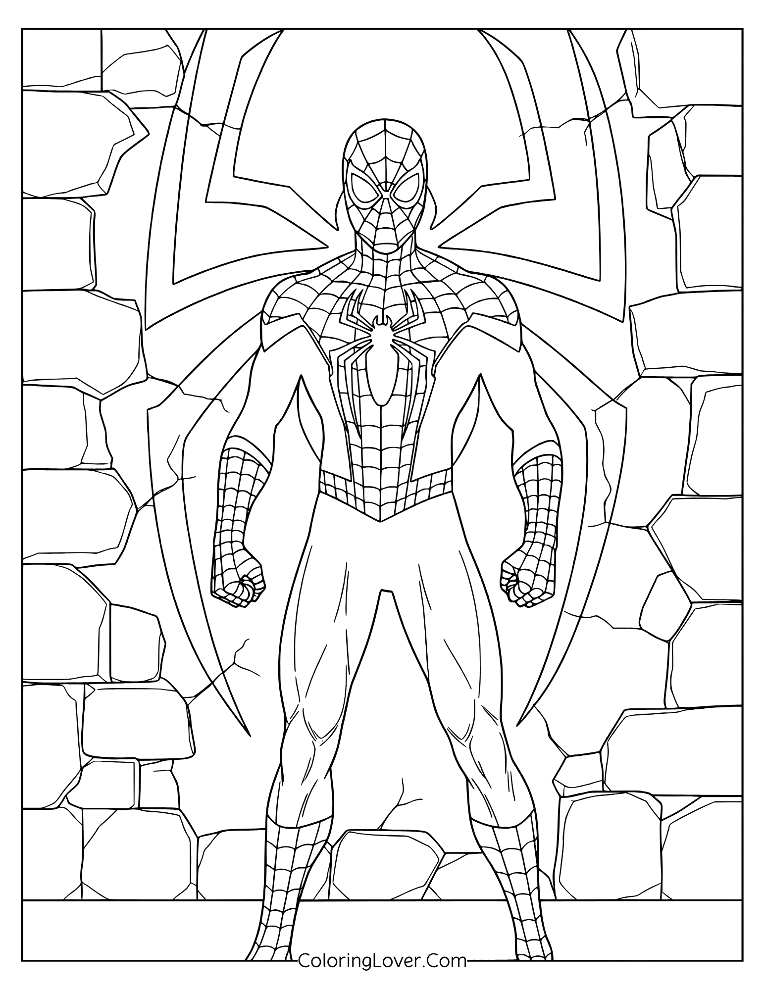 Spider-Man coloring page showing heroic pose with a large spider symbol carved into the brick wall behind.
