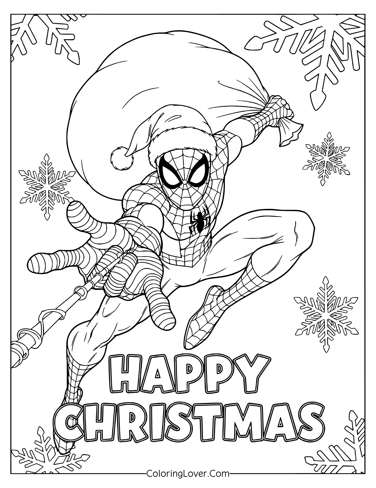 Coloring page featuring Spider-Man swinging with a gift sack on Christmas.