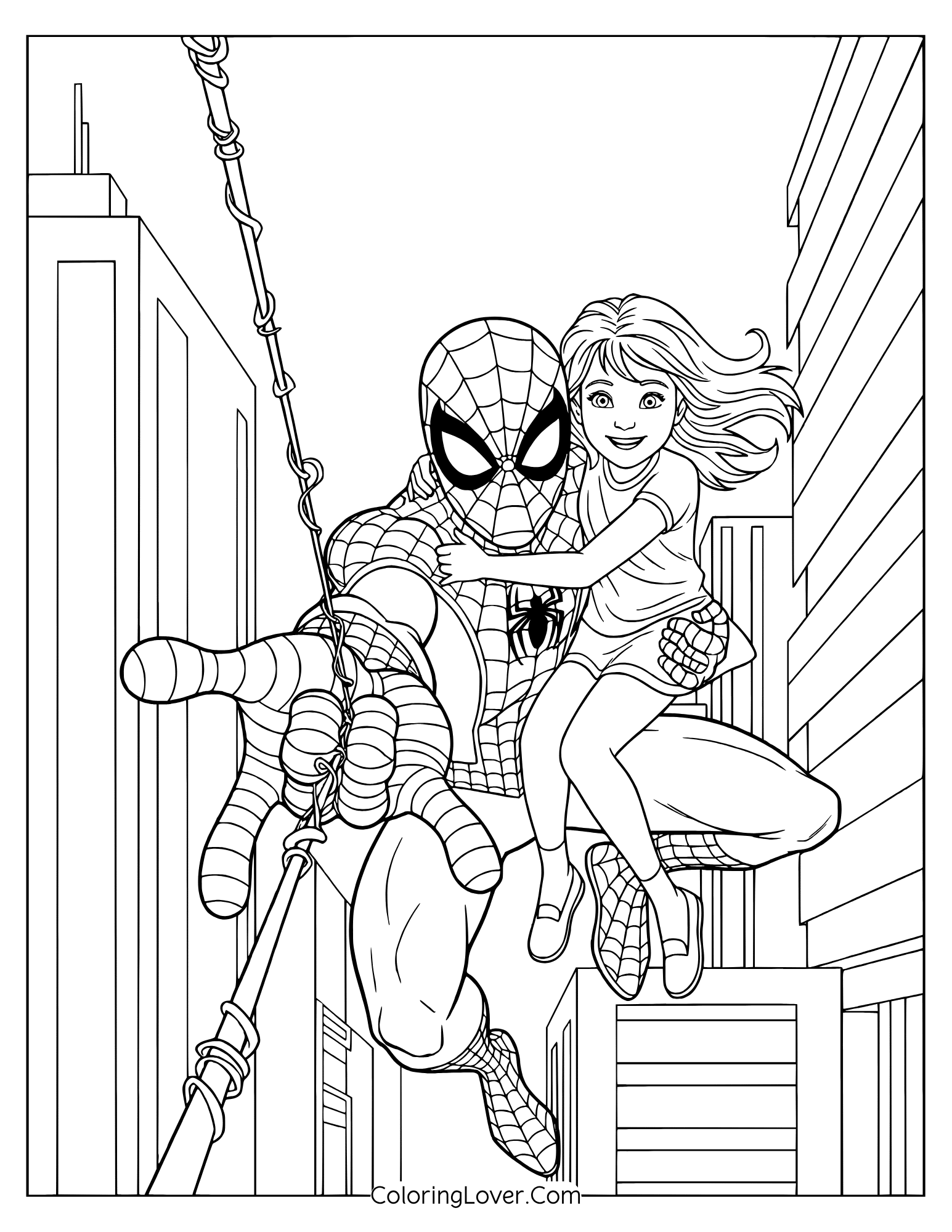 Spider-Man coloring page showing Spider-Man giving a fun city tour to a child using his web.