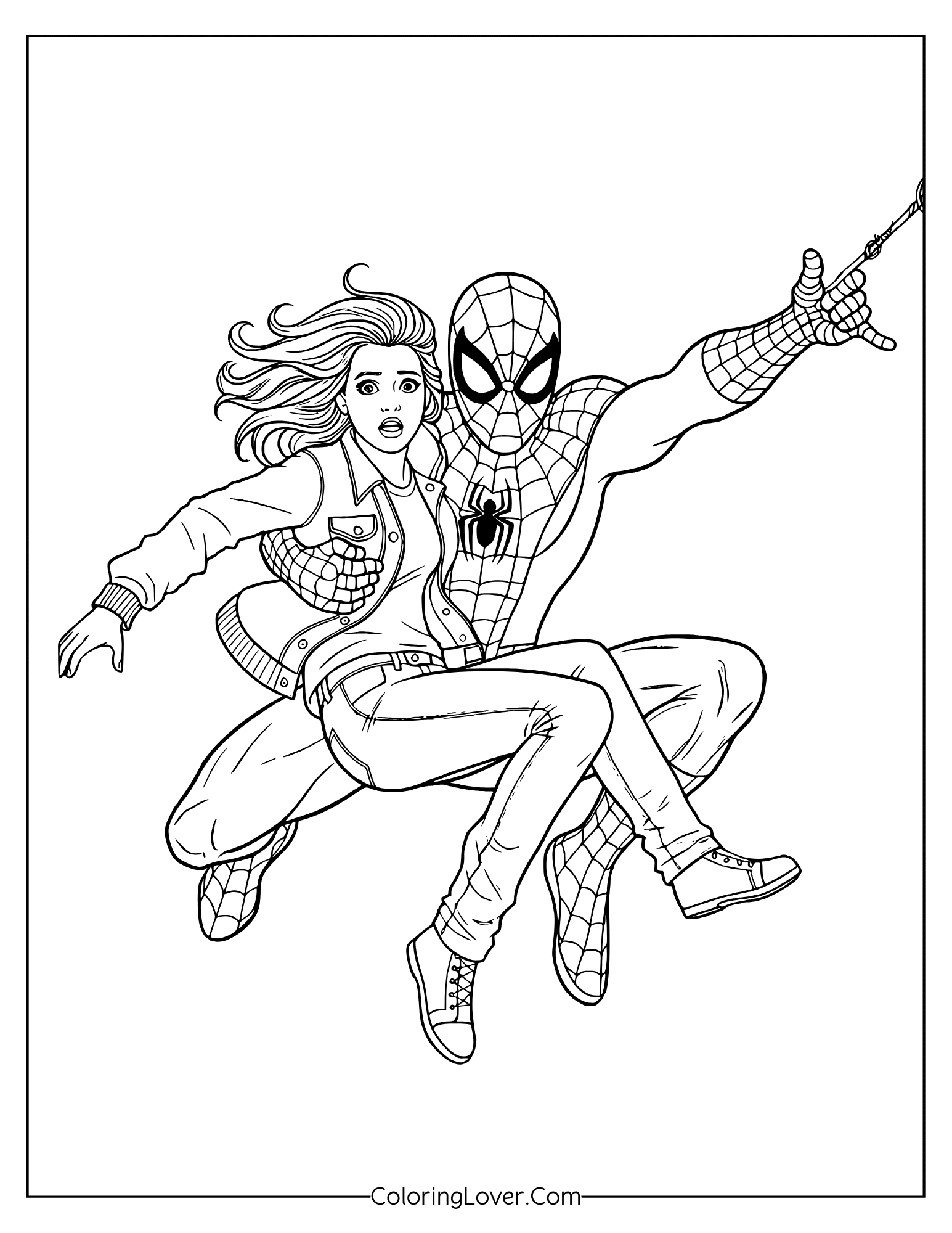 Spider-Man coloring page showing Spider-Man protecting Mary Jane as they swing on his web.