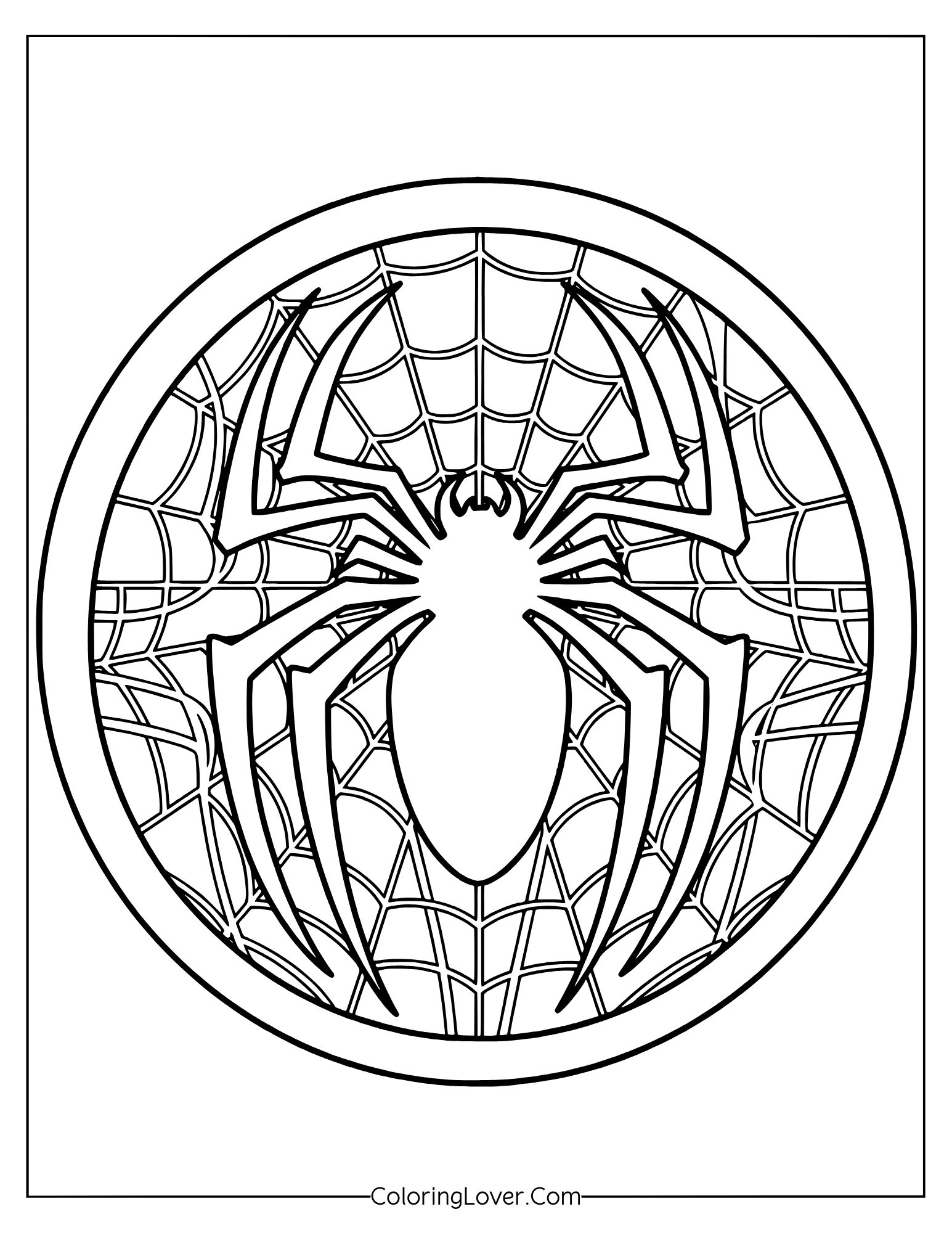 Coloring page of Spider-Man’s symbolic spider logo with web background.