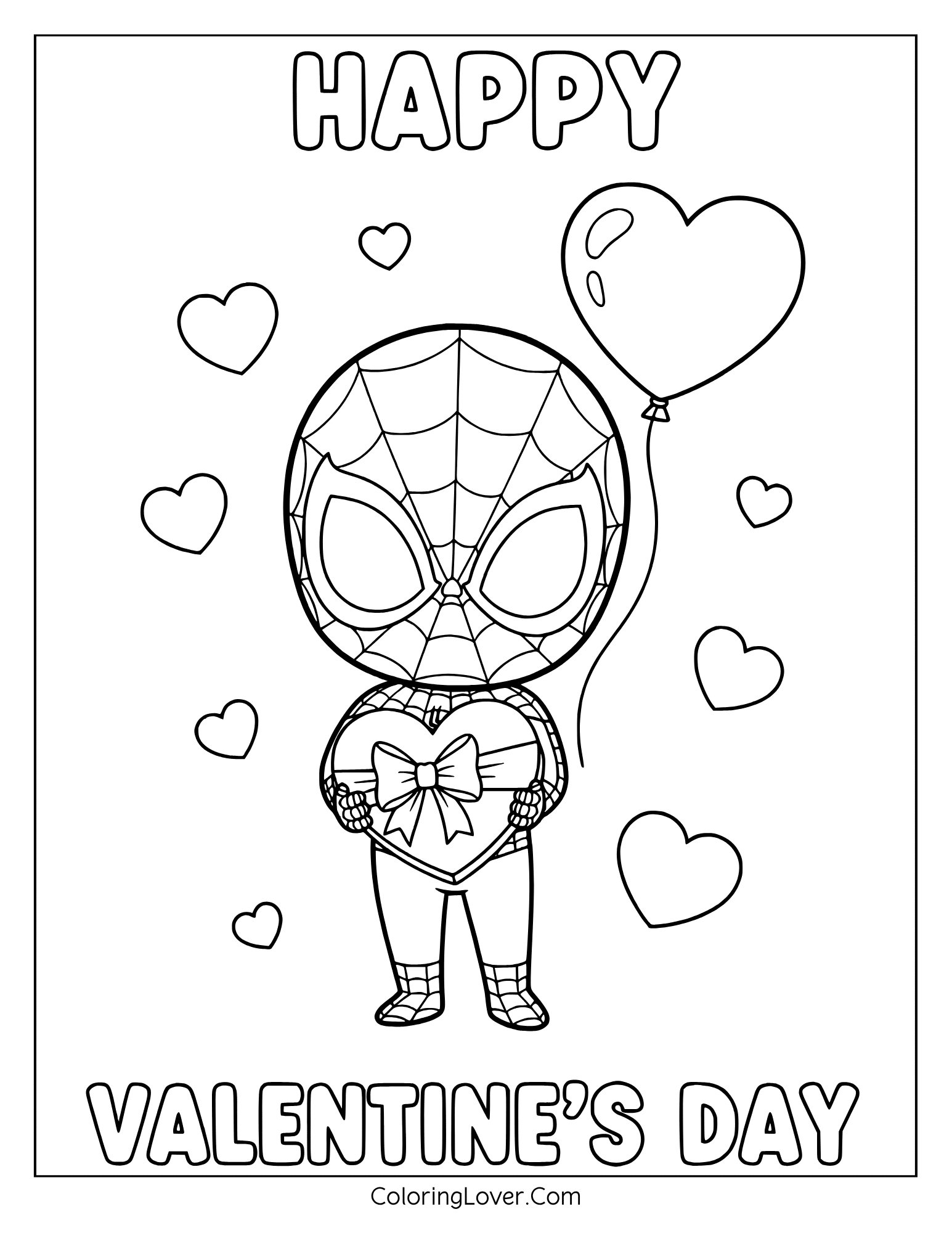 Coloring page showing Spider-Man holding a Valentine’s gift box.