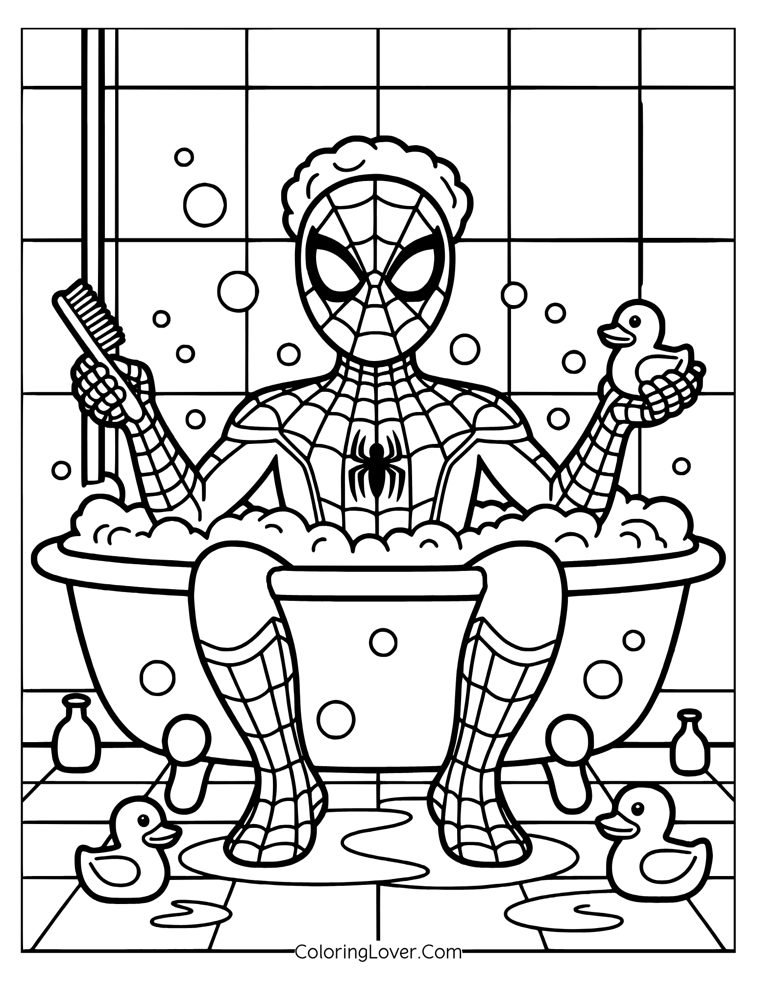 Spiderman coloring page of comic-style bath time with Spiderman and bubbles.