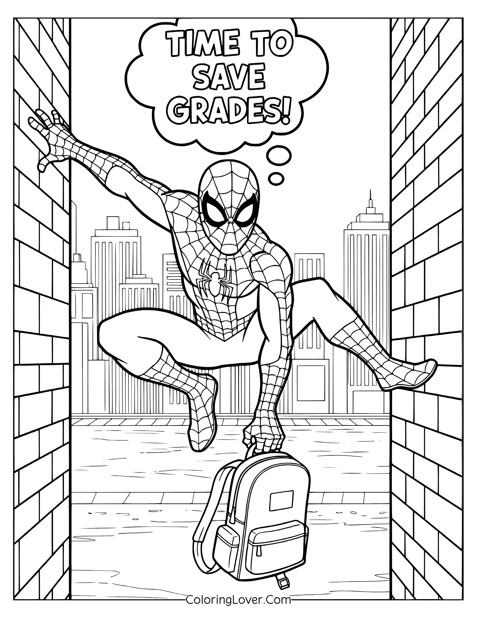 Spiderman coloring page featuring Spiderman jumping with backpack between buildings.