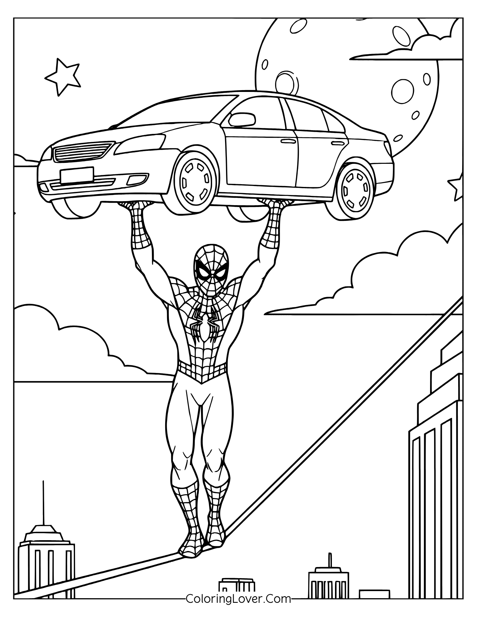 Spiderman coloring page showing playful Spidey balancing a car like a circus act in New York.