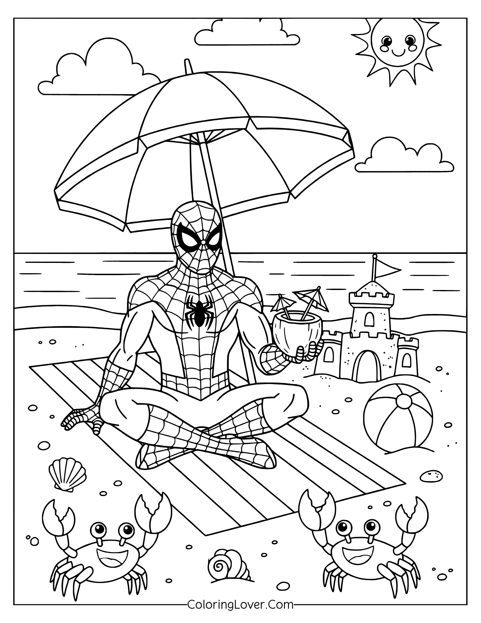 Spiderman coloring page of peaceful beach day with Spidey surrounded by summer vibes.