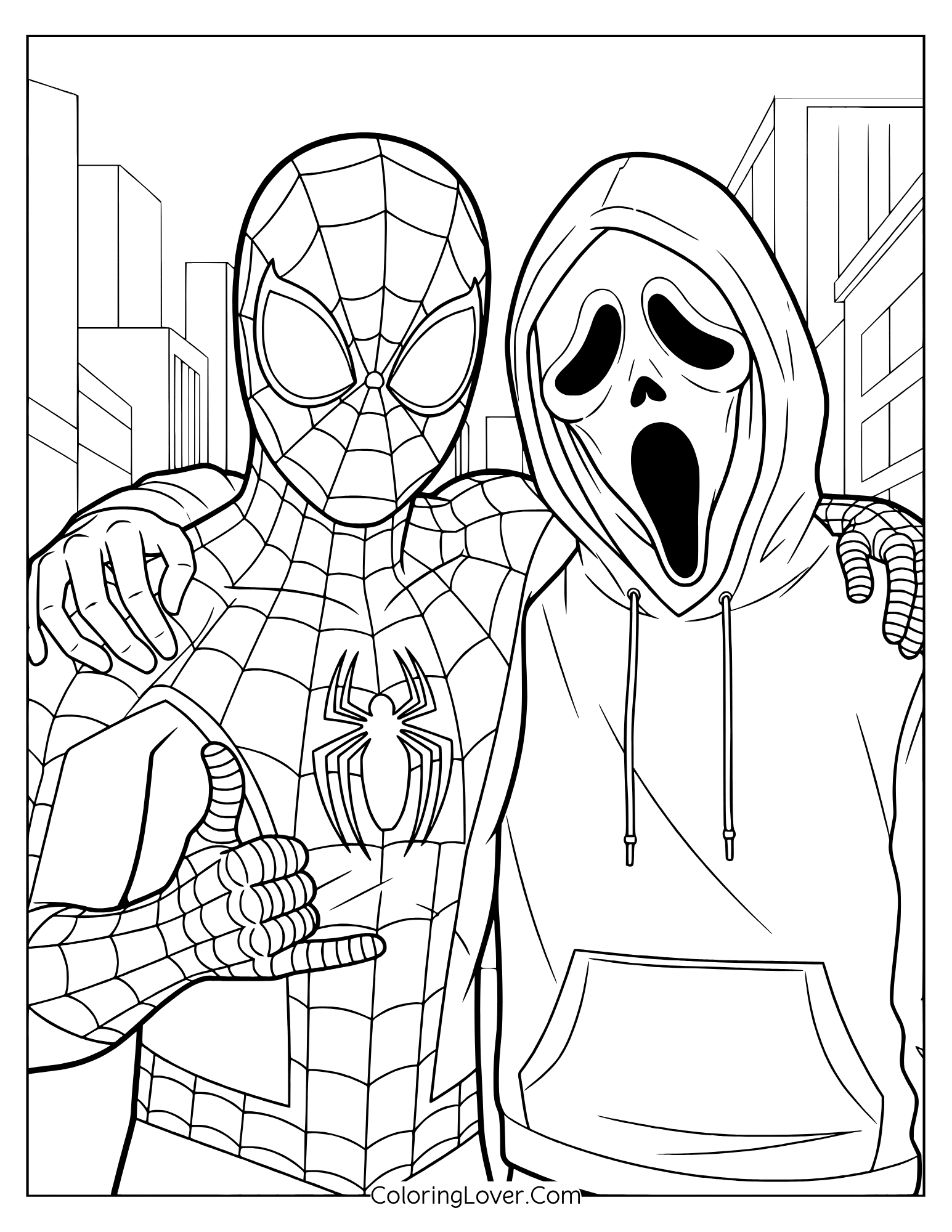 Spiderman coloring page featuring Spidey taking a selfie with a Ghostface character.