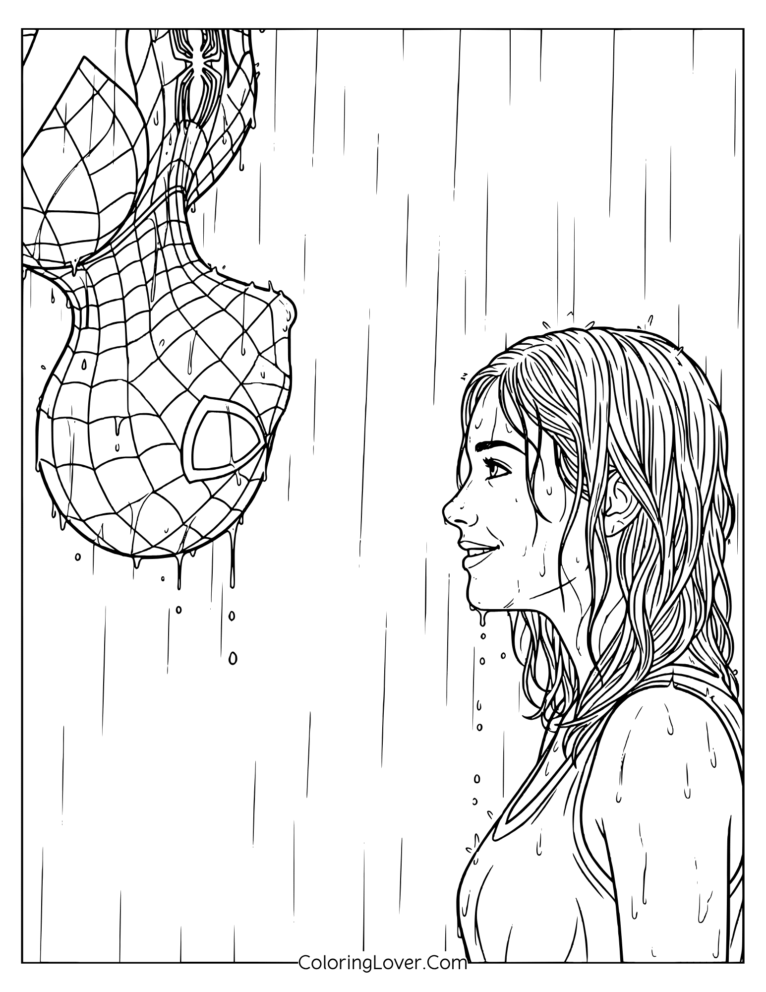 Spider-Man coloring page showing iconic rainy moment between Spider-Man and Mary Jane.