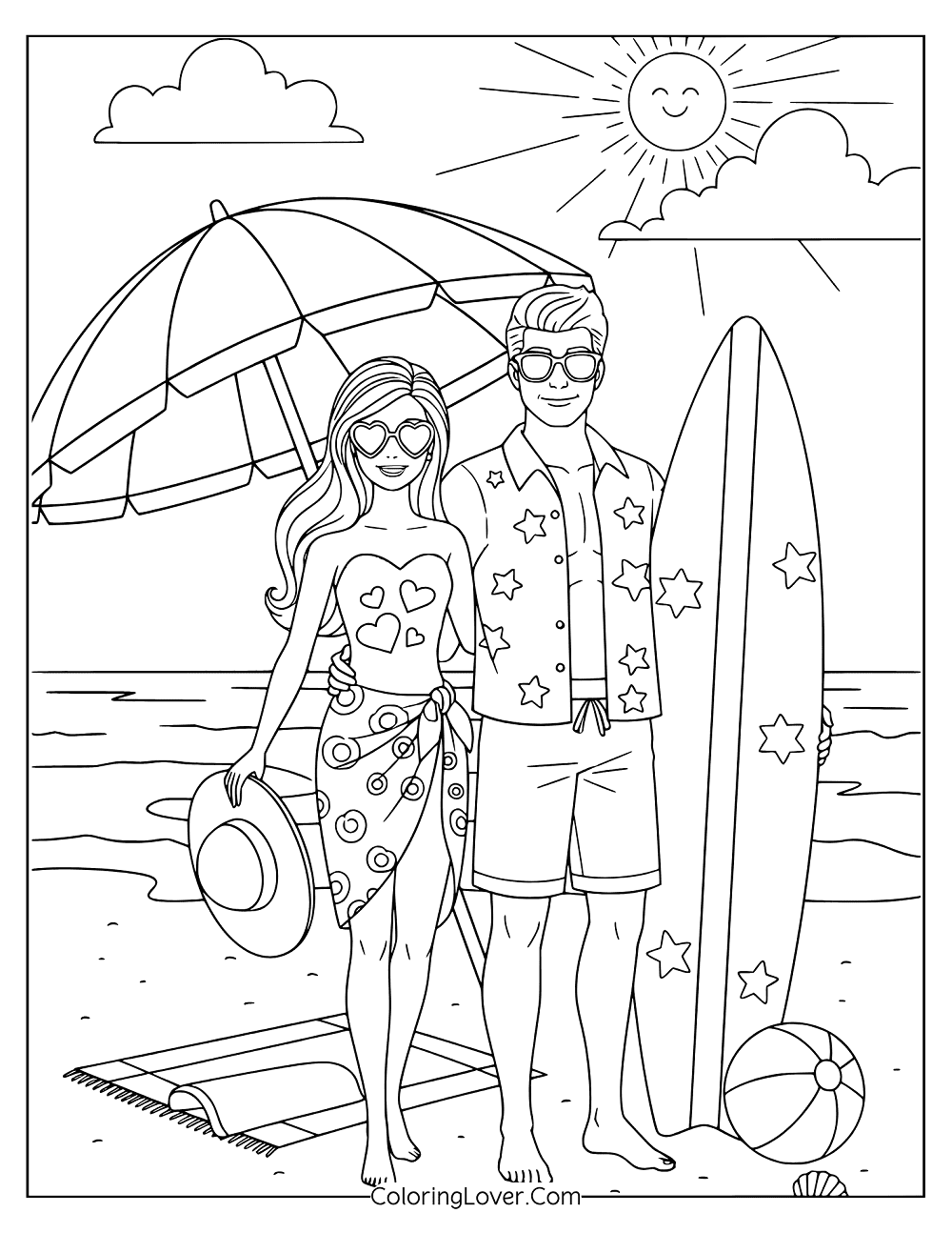 Beach coloring page of Barbie and Ken standing together under sunny sky with ocean waves.