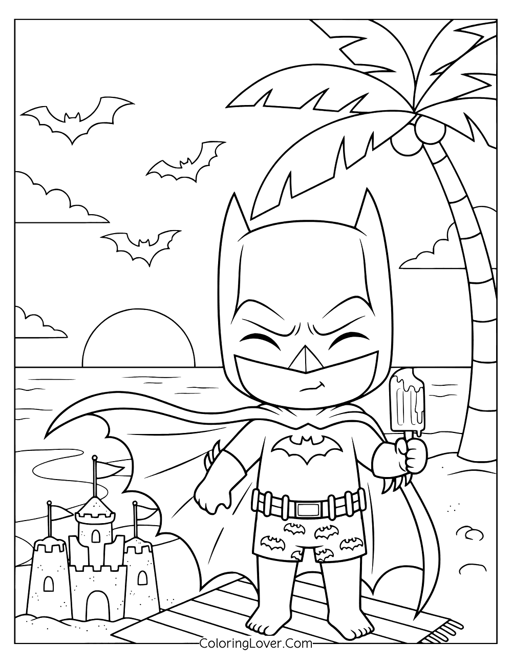 Beach coloring page of chibi Batman holding ice cream while standing on a beach towel.