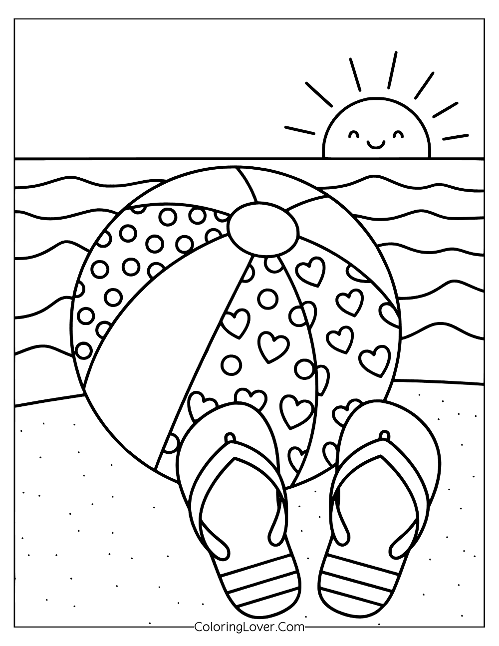 Easy coloring page featuring a beach ball and flip flops with sunset over ocean waves.