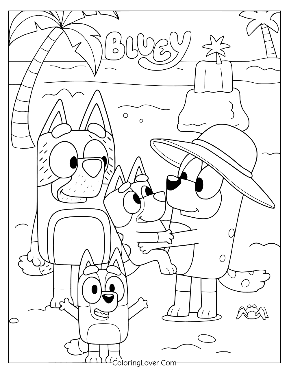 Beach coloring page of Bluey family bonding at the seaside with tropical vibes.