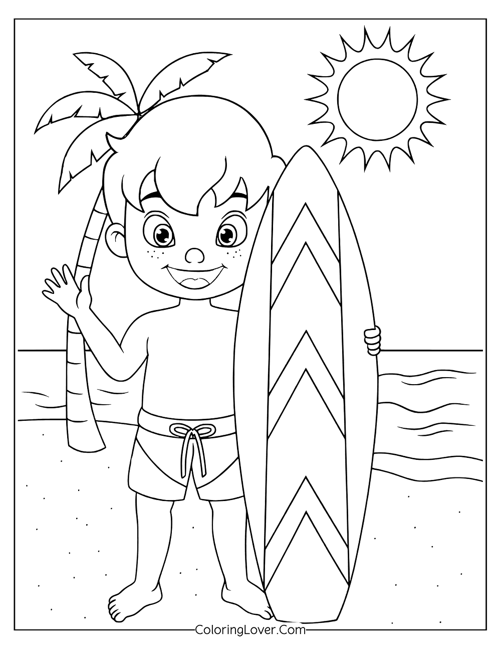 Cute coloring page of a child at the beach ready to surf with big smile.