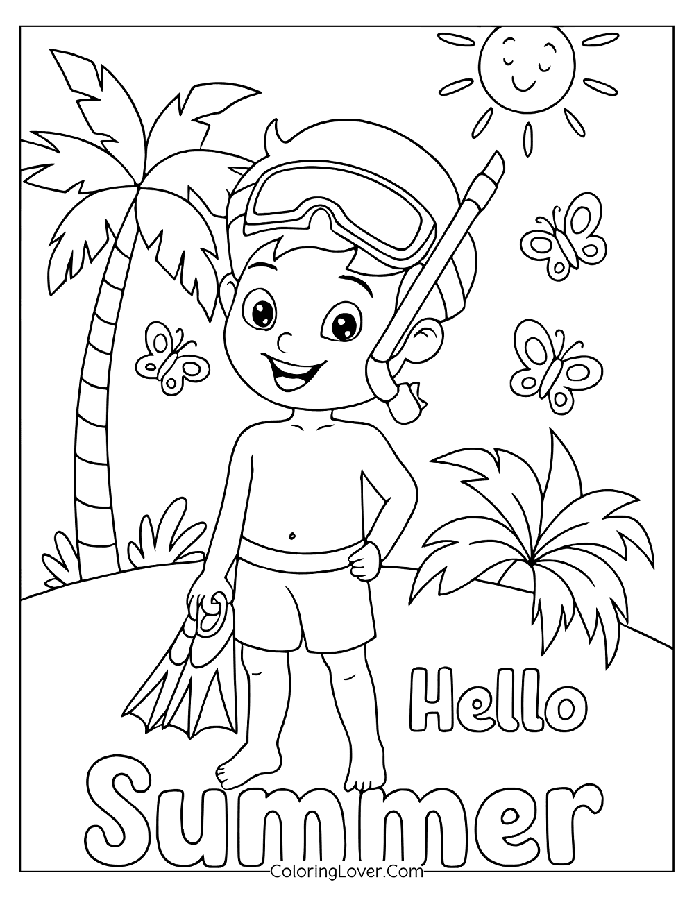 Beach coloring page of a little snorkeler enjoying sunny day at tropical beach.