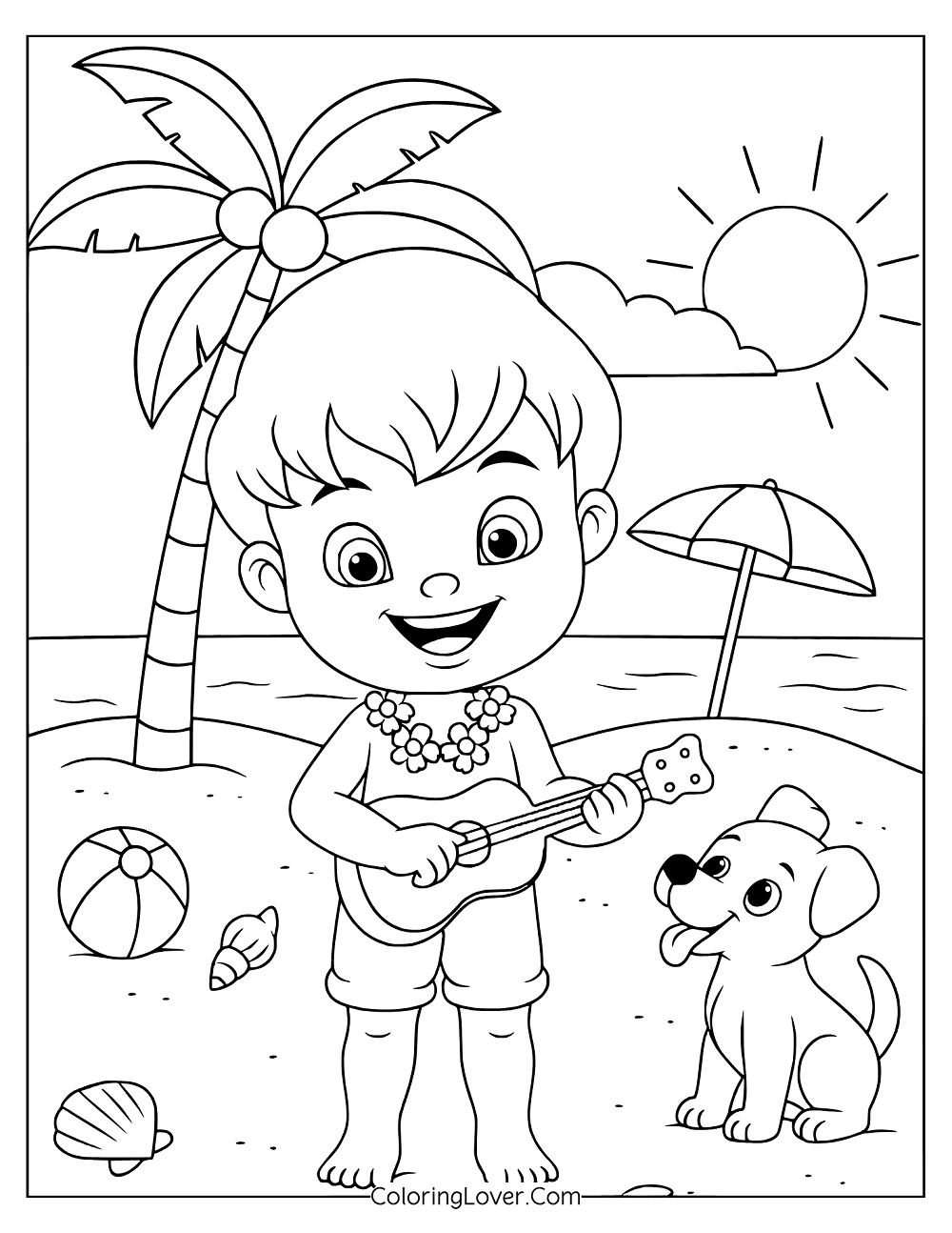 Beach coloring page showing a child strumming a guitar by the sea and smiling puppy.