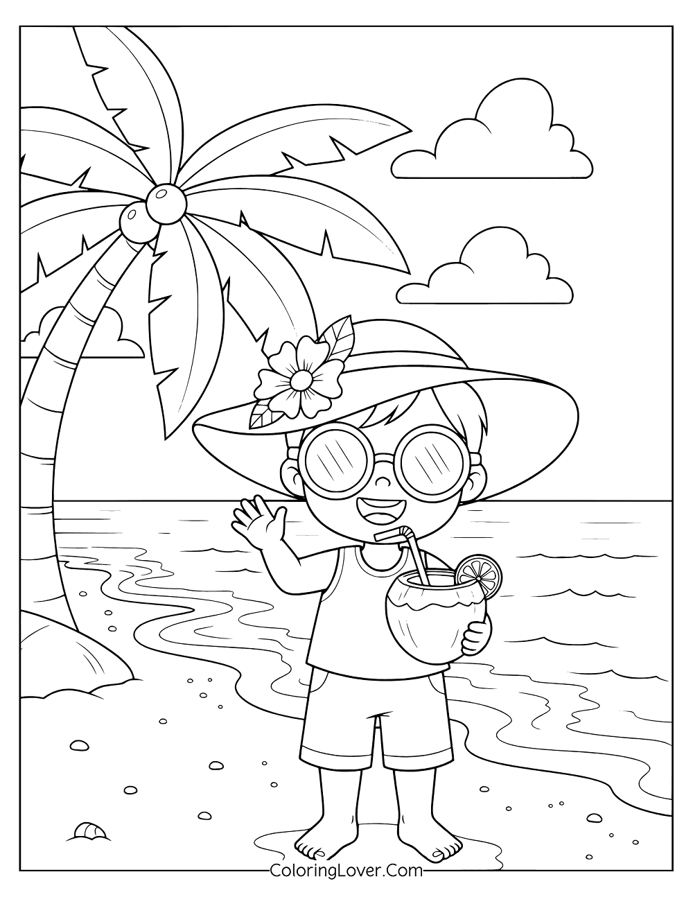 Beach coloring page featuring a boy in sunglasses holding a coconut drink by the ocean.