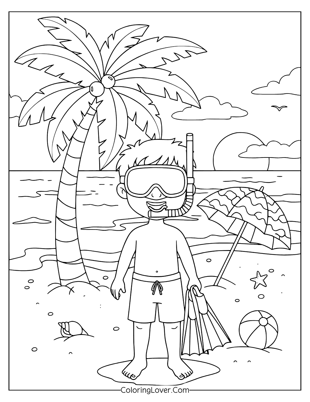 Beach coloring page showing a child holding flippers and wearing goggles near the sea.